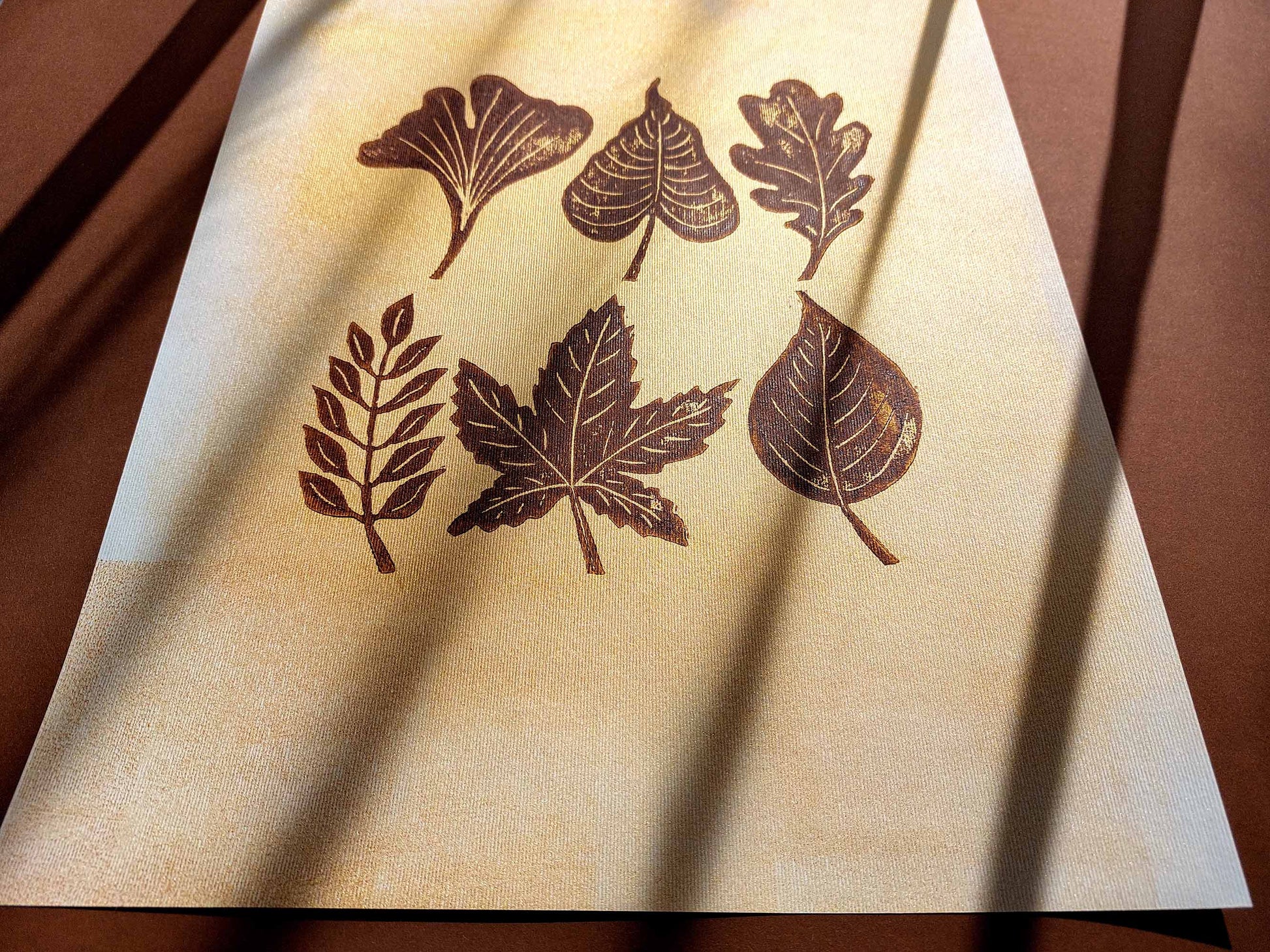 Brown and gold fall leaves Linocut print 12x16in for Bedroom wall decor UNFRAMED / printmaking art, relief print, block print, lino print, linogravure, original artwork, handmade art, living room decor, nature lover gifr, new home gift
