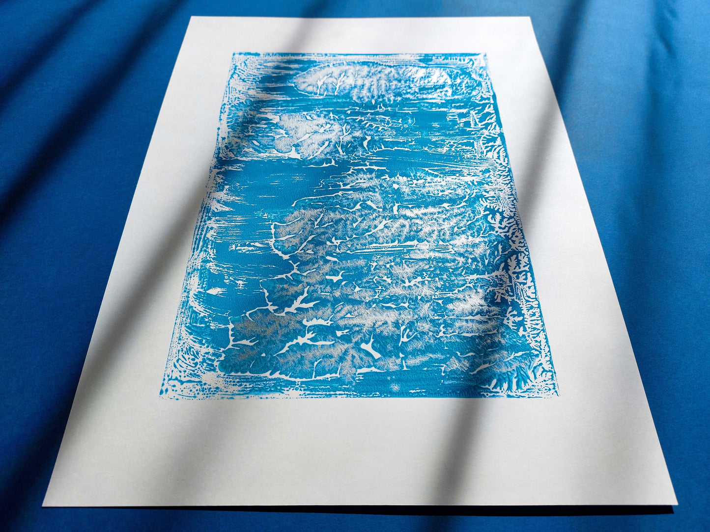 Silver and blue abstract relief Monotype print for New home gift UNFRAMED Housewarming gift, modern Living room or bedroom decor Original artwork Classical wall decor Handmade relief print, printmaking abstract textured wall decor