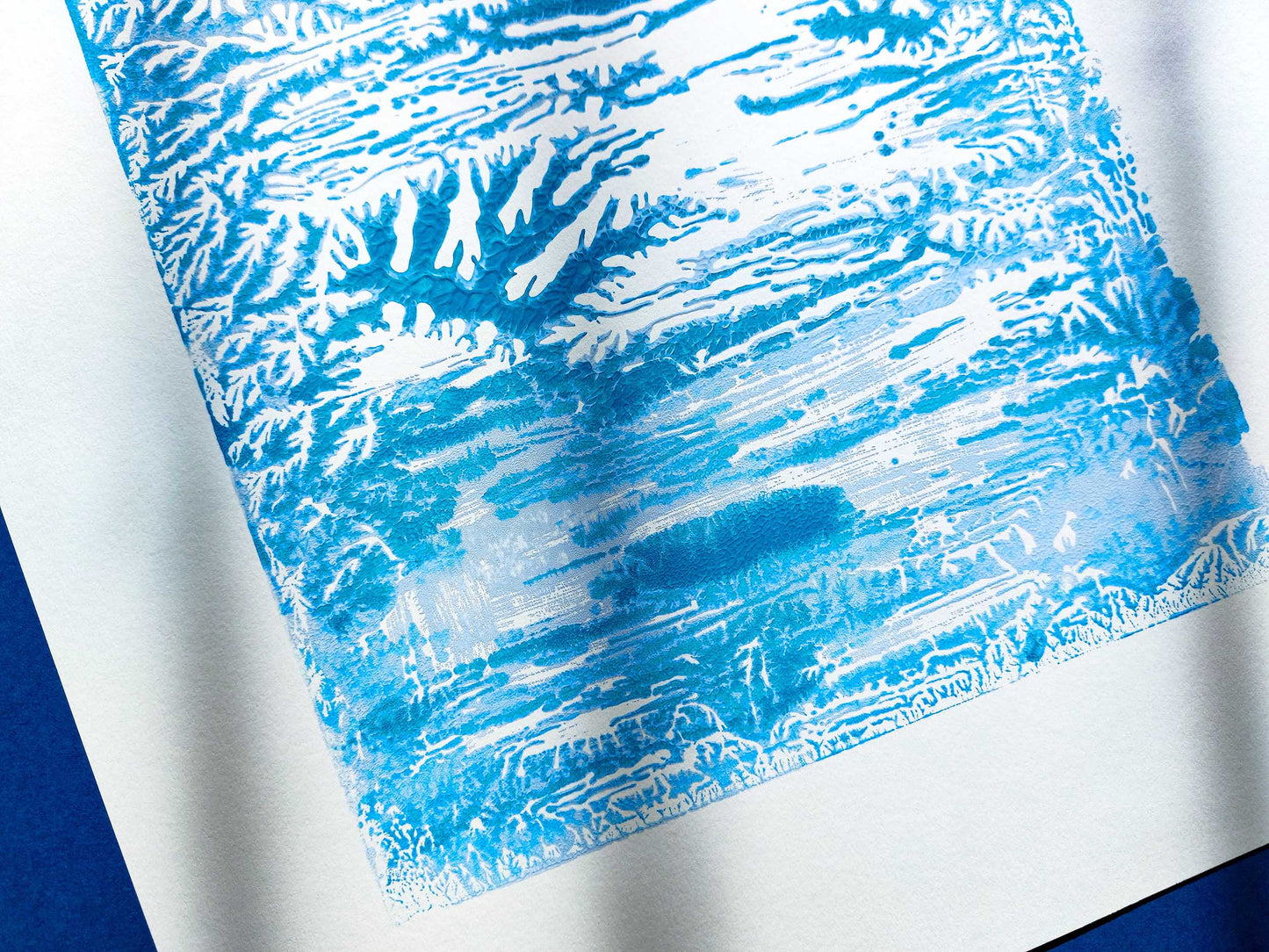 Blue holiday winter abstract texture wall art Monotype print Original artwork Handmade printmaking print for New home gift decor UNFRAMED, handmade block print, Monoprint art, Living room wall art, modern minimalist holiday winter wall art decor