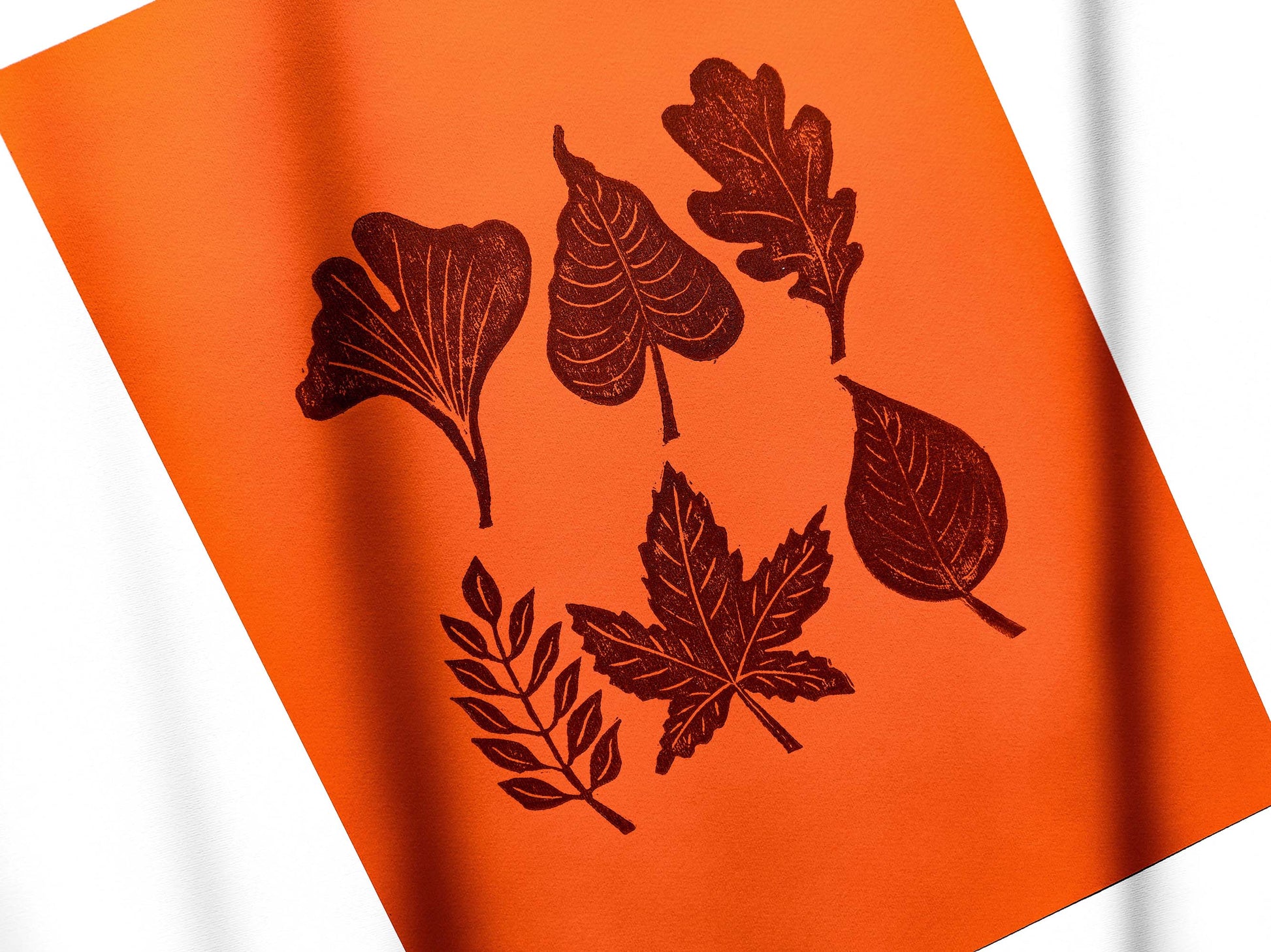 Orange and brown fall leaves Linocut print 12x16in for New home gift UNFRAMED / gold acrylic ink, oil ink, lino print, linogravure, autumn wall art, printmaking, handmade art, Nature lover gift, simple artwork, original artwork, houswarming gift, living room, bedroom, modern kitchen decor