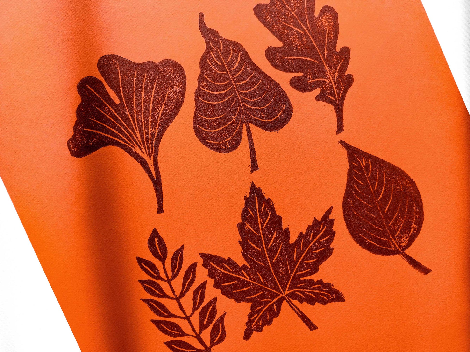 Orange and brown fall leaves Linocut print 12x16in for New home gift UNFRAMED / gold acrylic ink, oil ink, lino print, linogravure, autumn wall art, printmaking, handmade art, Nature lover gift, simple artwork, original artwork, houswarming gift, living room, bedroom, modern kitchen decor
