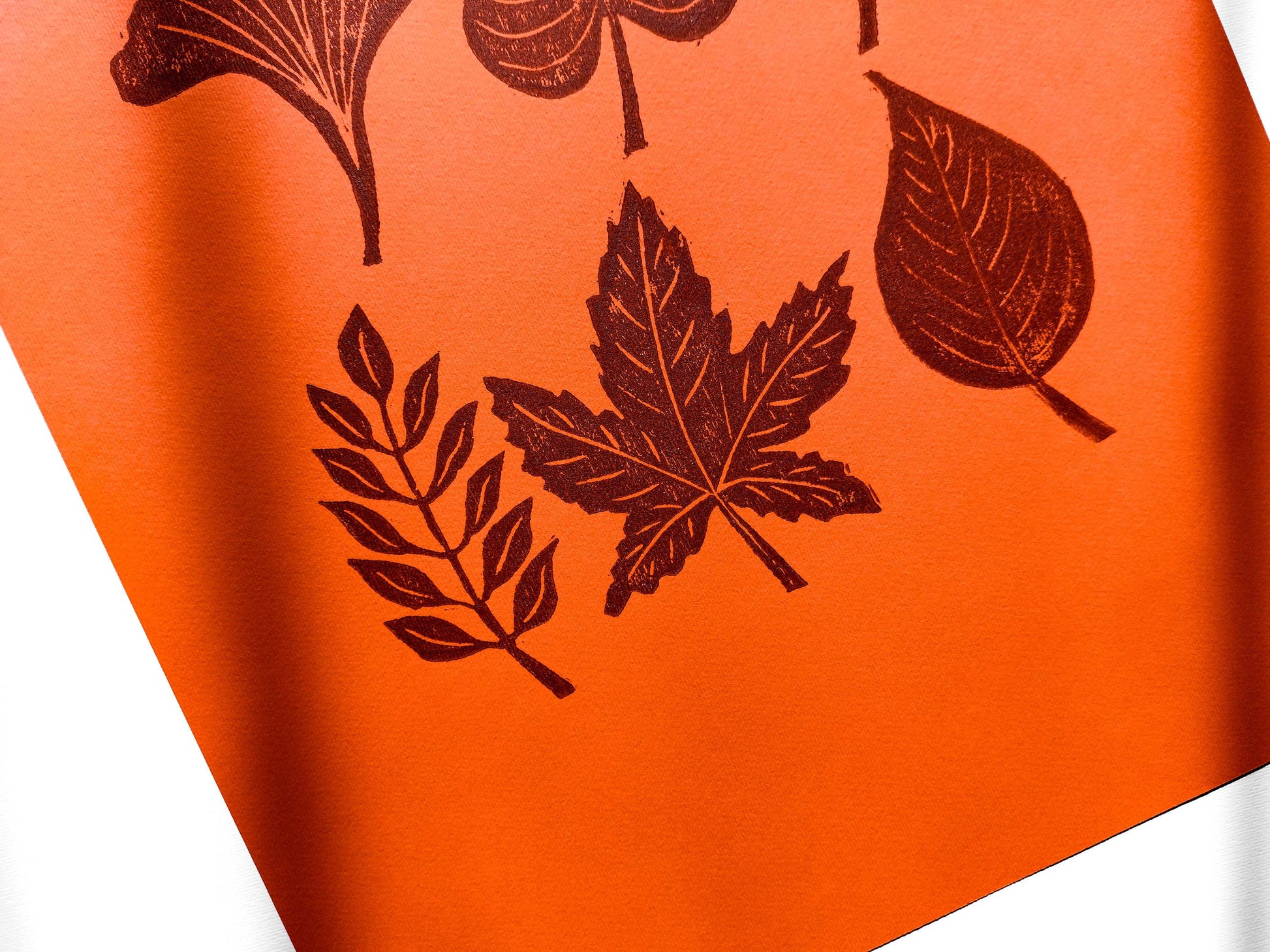 Orange and brown fall leaves Linocut print 12x16in for New home gift UNFRAMED / gold acrylic ink, oil ink, lino print, linogravure, autumn wall art, printmaking, handmade art, Nature lover gift, simple artwork, original artwork, houswarming gift, living room, bedroom, modern kitchen decor