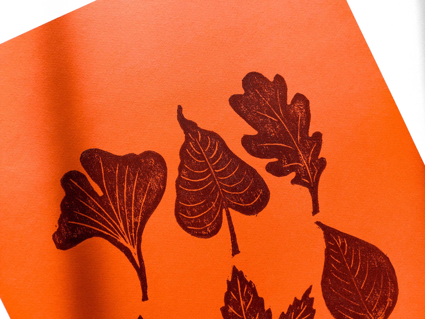 Orange and brown fall leaves Linocut print 12x16in for New home gift UNFRAMED / gold acrylic ink, oil ink, lino print, linogravure, autumn wall art, printmaking, handmade art, Nature lover gift, simple artwork, original artwork, houswarming gift, living room, bedroom, modern kitchen decor