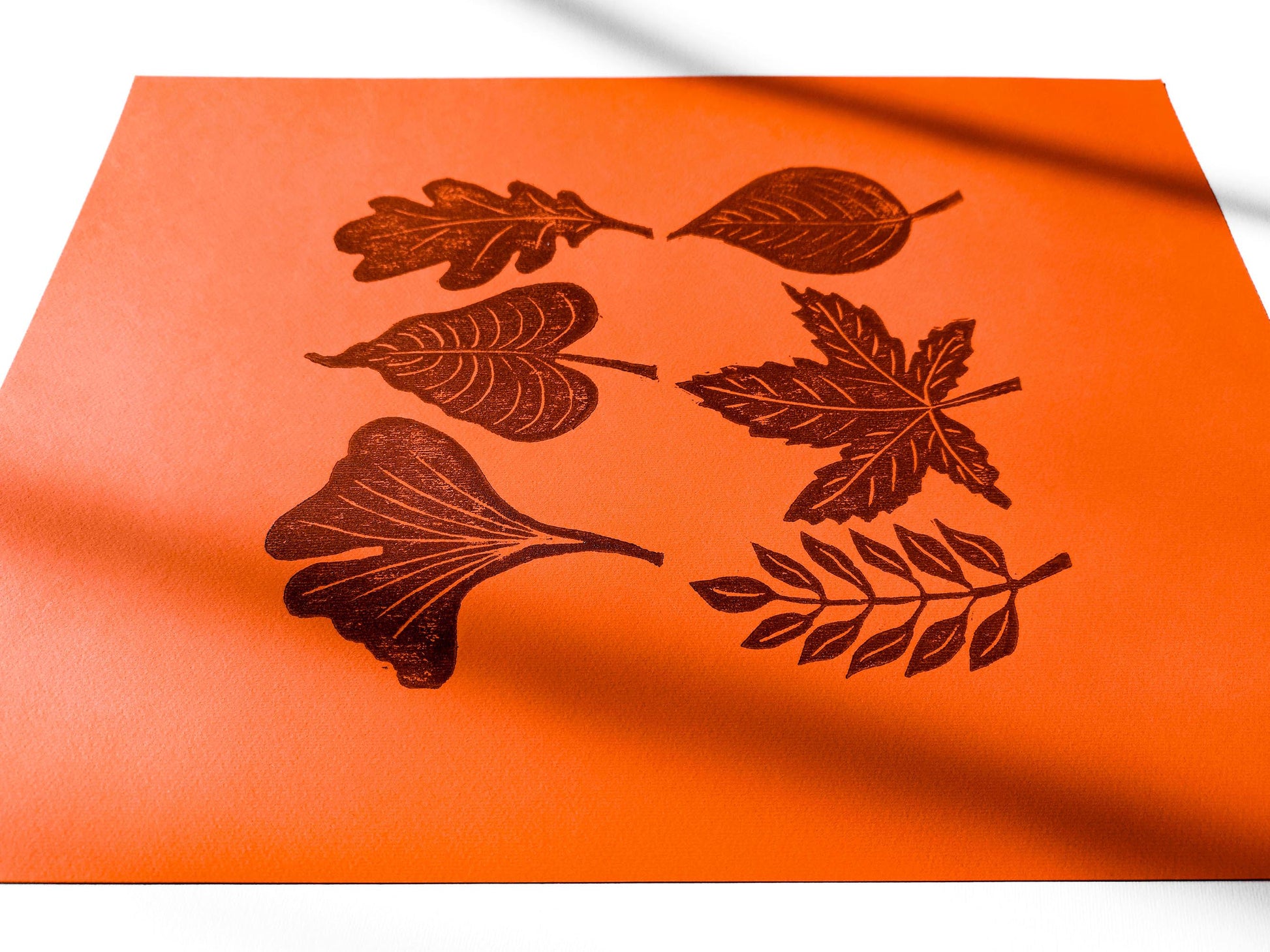 Orange and brown fall leaves Linocut print 12x16in for New home gift UNFRAMED / gold acrylic ink, oil ink, lino print, linogravure, autumn wall art, printmaking, handmade art, Nature lover gift, simple artwork, original artwork, houswarming gift, living room, bedroom, modern kitchen decor