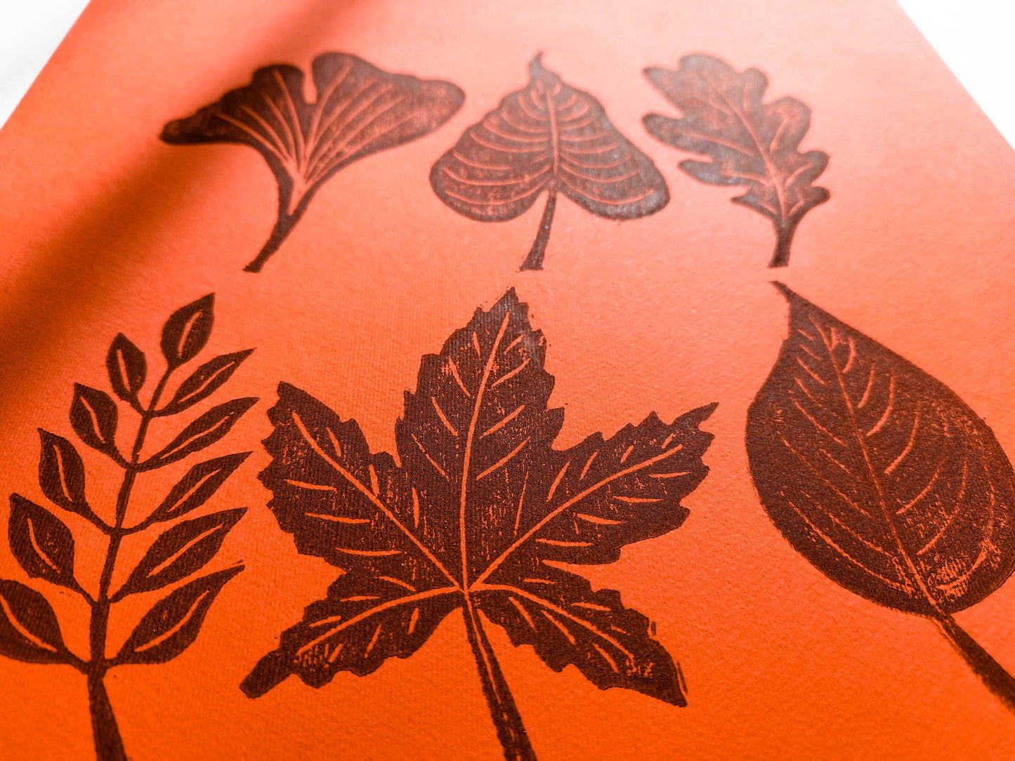 Orange and brown fall leaves Linocut print 12x16in for New home gift UNFRAMED / gold acrylic ink, oil ink, lino print, linogravure, autumn wall art, printmaking, handmade art, Nature lover gift, simple artwork, original artwork, houswarming gift, living room, bedroom, modern kitchen decor