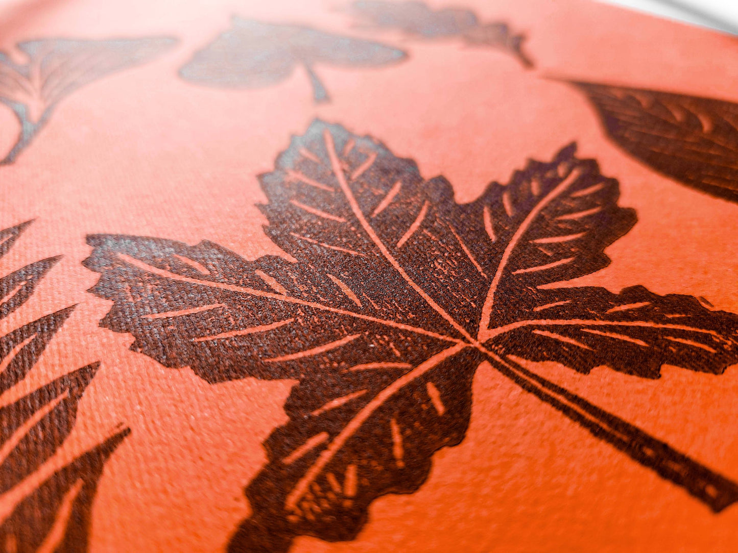 Orange and brown fall leaves Linocut print 12x16in for New home gift UNFRAMED / gold acrylic ink, oil ink, lino print, linogravure, autumn wall art, printmaking, handmade art, Nature lover gift, simple artwork, original artwork, houswarming gift, living room, bedroom, modern kitchen decor