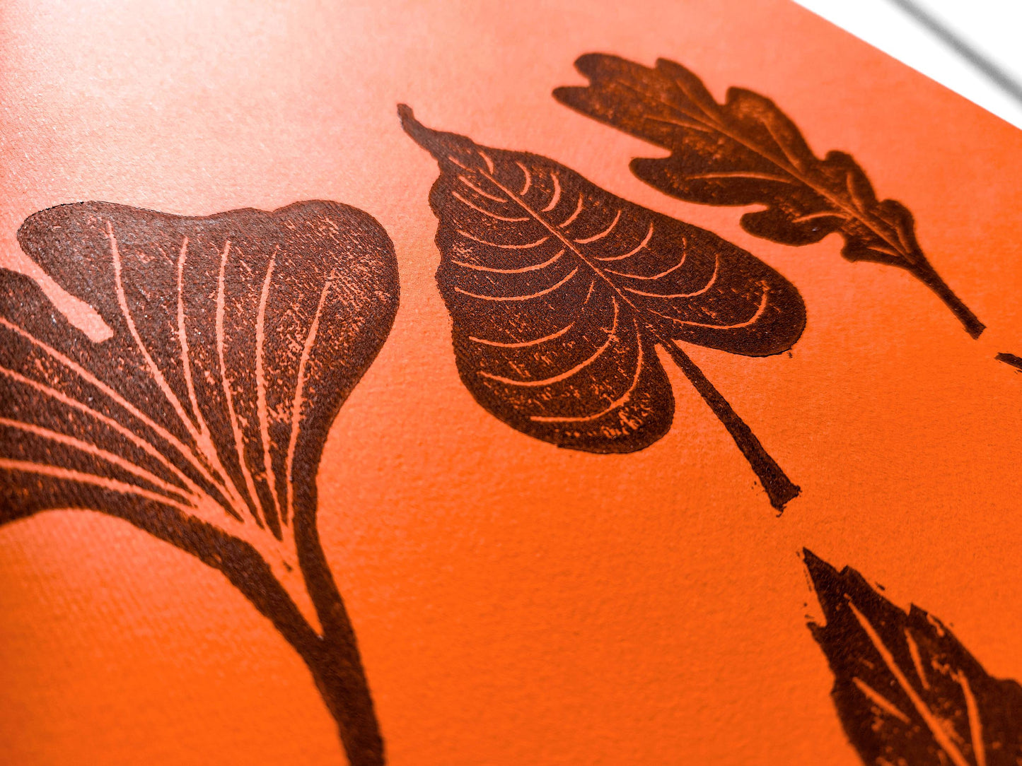 Orange and brown fall leaves Linocut print 12x16in for New home gift UNFRAMED / gold acrylic ink, oil ink, lino print, linogravure, autumn wall art, printmaking, handmade art, Nature lover gift, simple artwork, original artwork, houswarming gift, living room, bedroom, modern kitchen decor