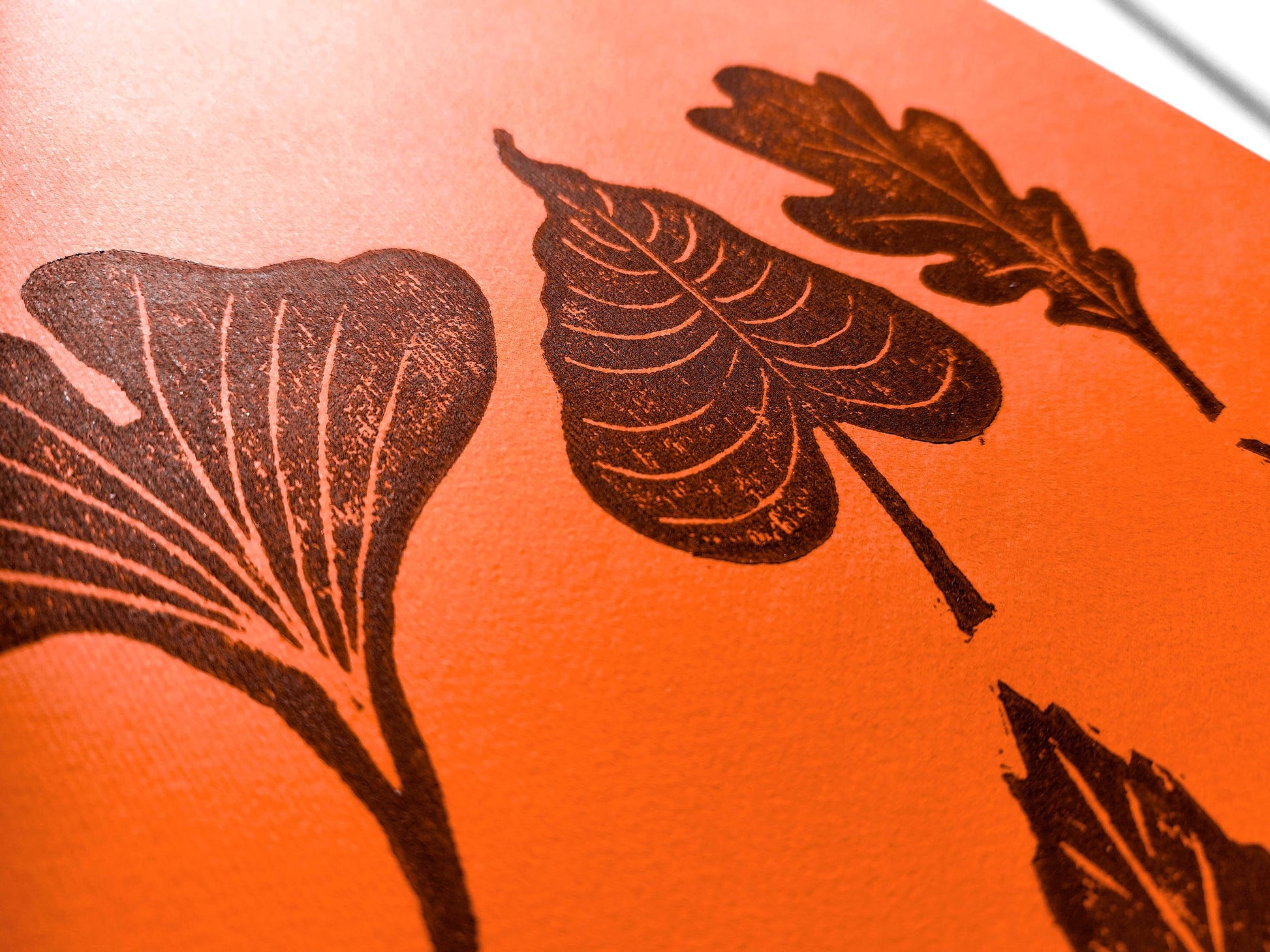 Orange and brown fall leaves Linocut print 12x16in for New home gift UNFRAMED / gold acrylic ink, oil ink, lino print, linogravure, autumn wall art, printmaking, handmade art, Nature lover gift, simple artwork, original artwork, houswarming gift, living room, bedroom, modern kitchen decor