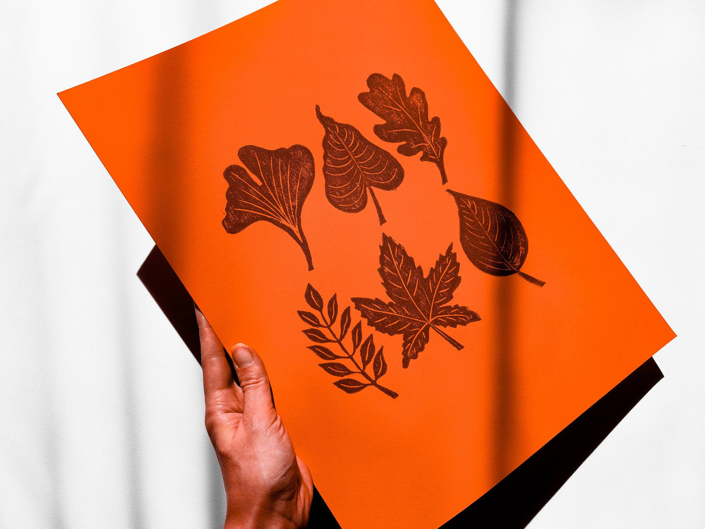 Orange and brown fall leaves Linocut print 12x16in for New home gift UNFRAMED / gold acrylic ink, oil ink, lino print, linogravure, autumn wall art, printmaking, handmade art, Nature lover gift, simple artwork, original artwork, houswarming gift, living room, bedroom, modern kitchen decor