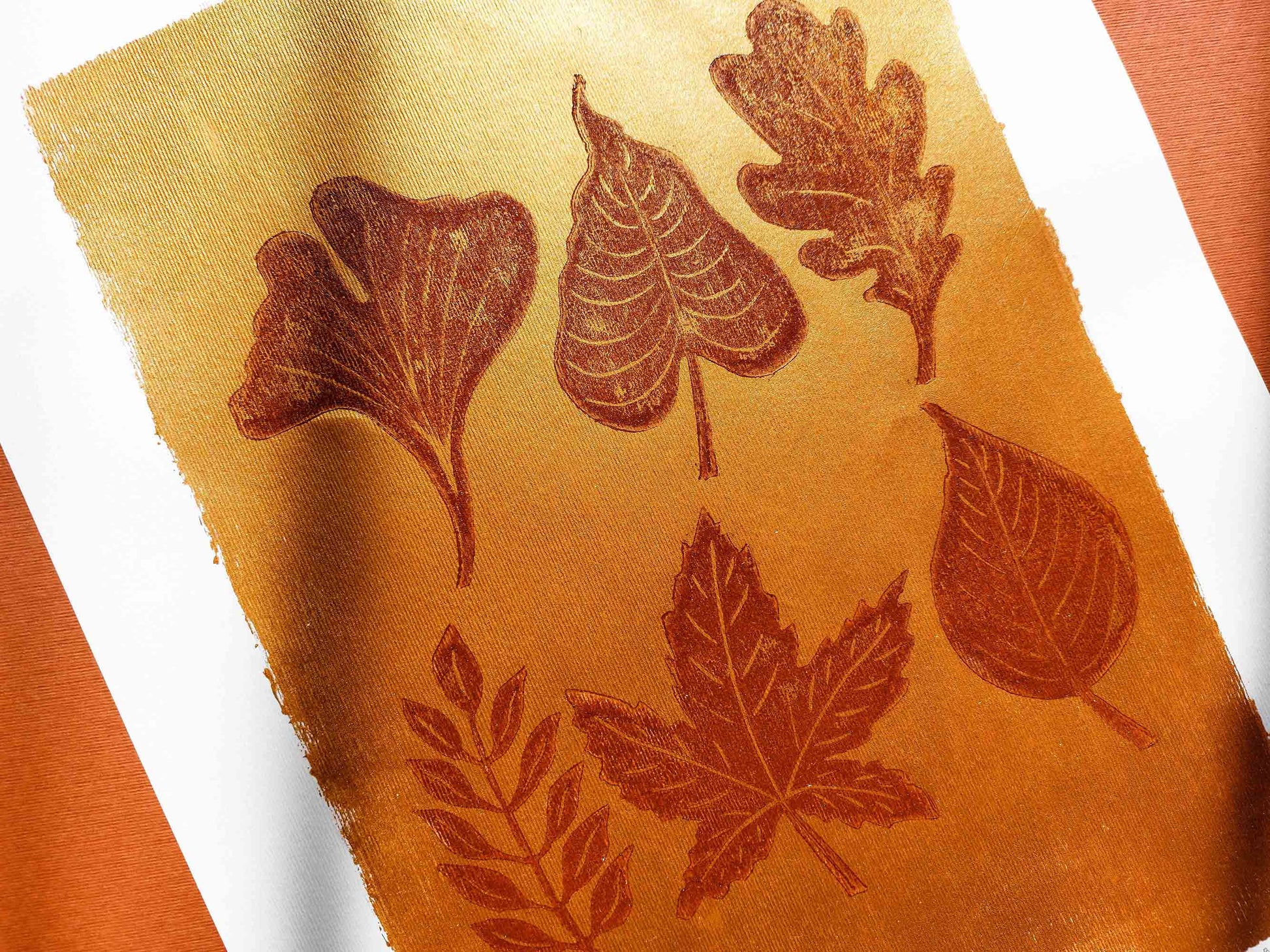 Gold and brown fall leaves Linocut print 12x16in for New home gift UNFRAMED / gold acrylic ink, oil ink, lino print, linogravure, autumn wall art, printmaking, handmade art, Nature lover gift, simple artwork, original artwork, houswarming gift, living room, bedroom, modern kitchen decor