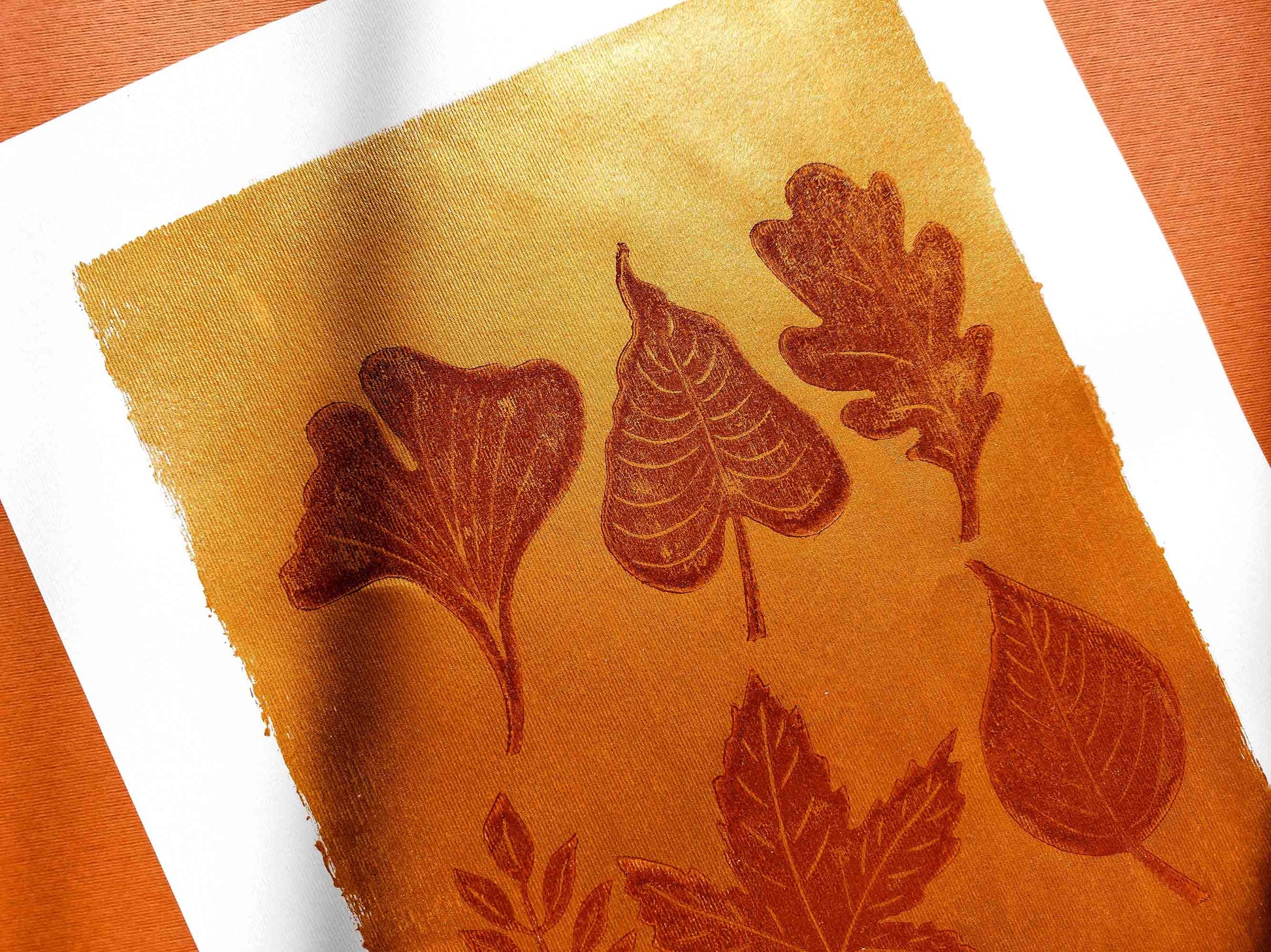 Gold and brown fall leaves Linocut print 12x16in for New home gift UNFRAMED / gold acrylic ink, oil ink, lino print, linogravure, autumn wall art, printmaking, handmade art, Nature lover gift, simple artwork, original artwork, houswarming gift, living room, bedroom, modern kitchen decor