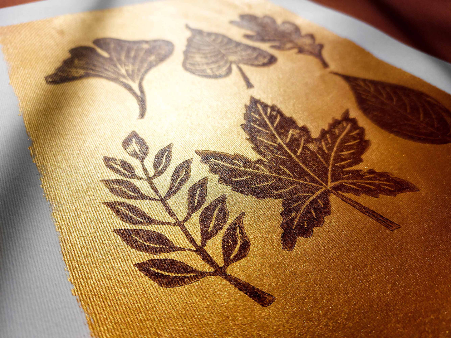 Gold and brown fall leaves Linocut print 12x16in for New home gift UNFRAMED / gold acrylic ink, oil ink, lino print, linogravure, autumn wall art, printmaking, handmade art, Nature lover gift, simple artwork, original artwork, houswarming gift, living room, bedroom, modern kitchen decor