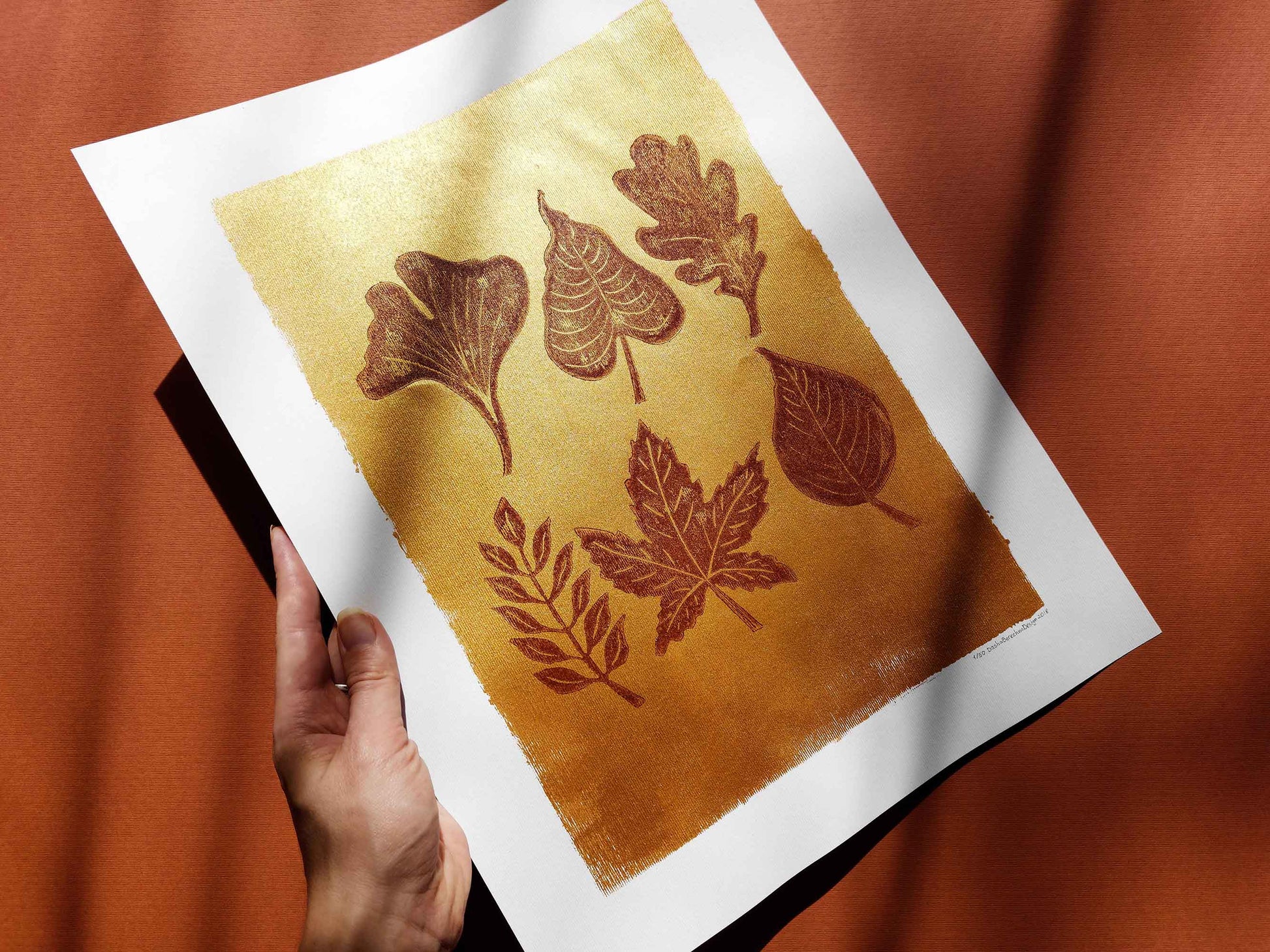 Gold and brown fall leaves Linocut print 12x16in for New home gift UNFRAMED / gold acrylic ink, oil ink, lino print, linogravure, autumn wall art, printmaking, handmade art, Nature lover gift, simple artwork, original artwork, houswarming gift, living room, bedroom, modern kitchen decor