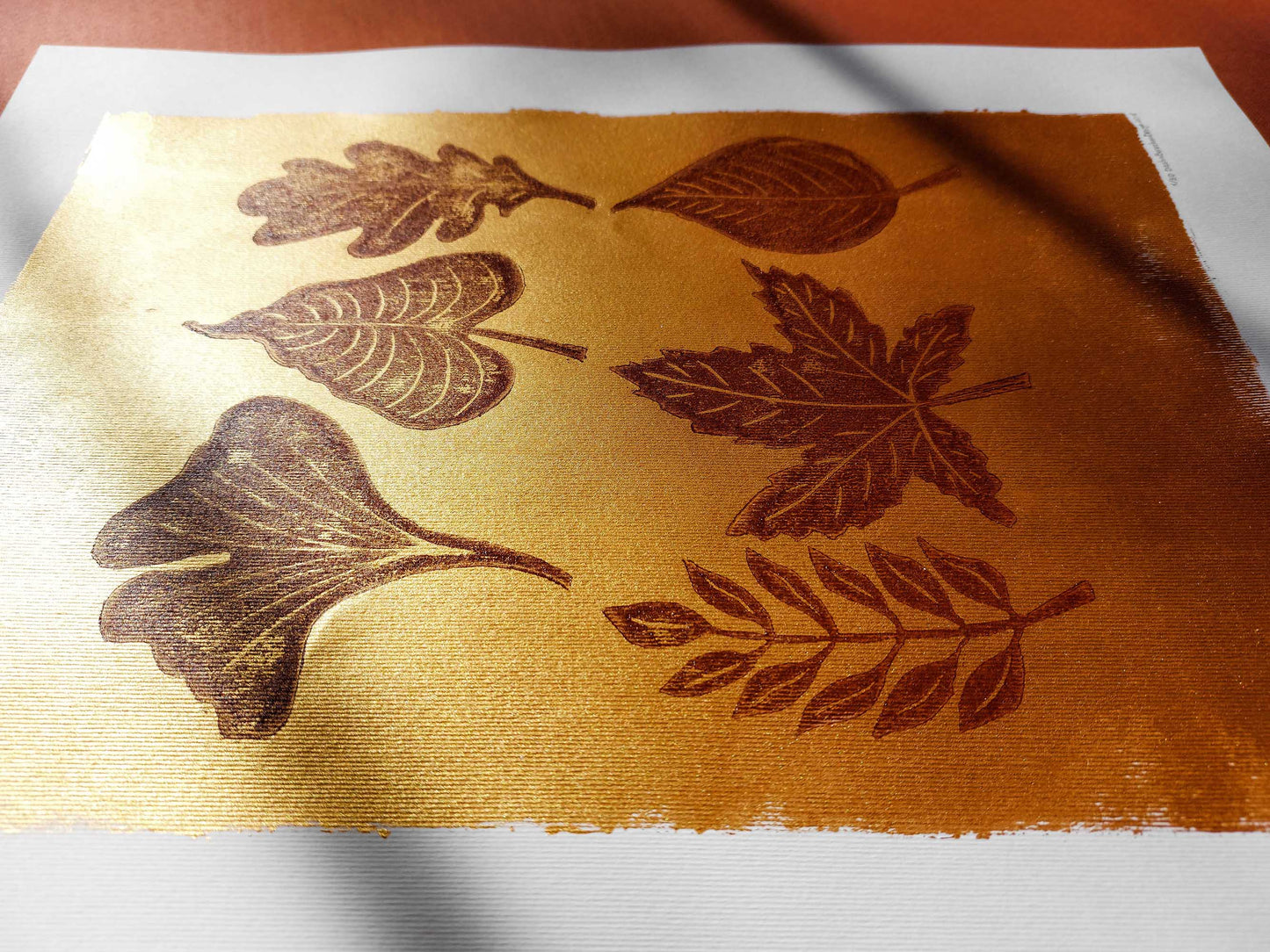 Gold and brown fall leaves Linocut print 12x16in for New home gift UNFRAMED / gold acrylic ink, oil ink, lino print, linogravure, autumn wall art, printmaking, handmade art, Nature lover gift, simple artwork, original artwork, houswarming gift, living room, bedroom, modern kitchen decor