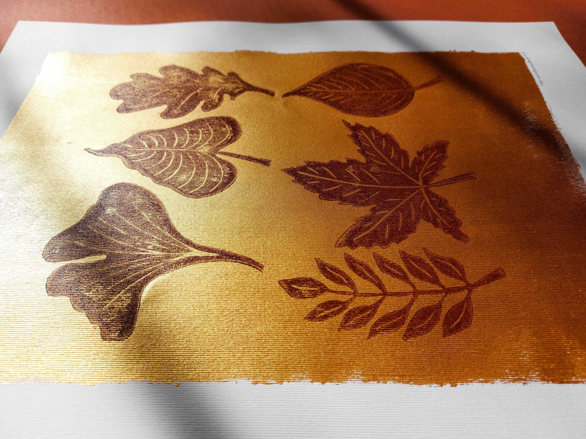 Gold and brown fall leaves Linocut print 12x16in for New home gift UNFRAMED / gold acrylic ink, oil ink, lino print, linogravure, autumn wall art, printmaking, handmade art, Nature lover gift, simple artwork, original artwork, houswarming gift, living room, bedroom, modern kitchen decor