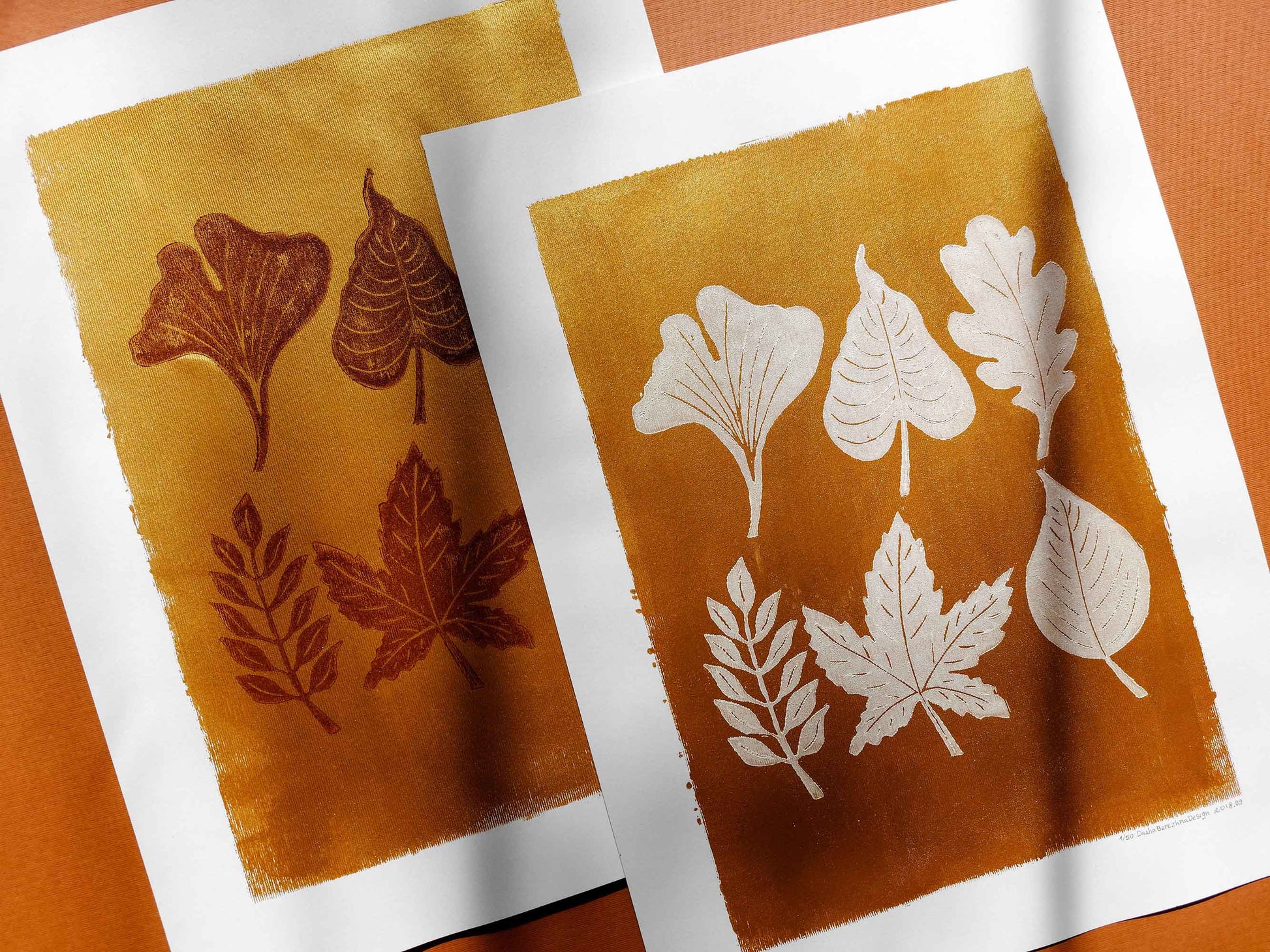 Gold and white fall leaves Linocut print 12x16in for New home gift UNFRAMED / gold acrylic ink, oil ink, lino print, linogravure, autumn wall art, printmaking, handmade art, Nature lover gift, simple artwork, original artwork, houswarming gift, living room, bedroom, modern kitchen decor