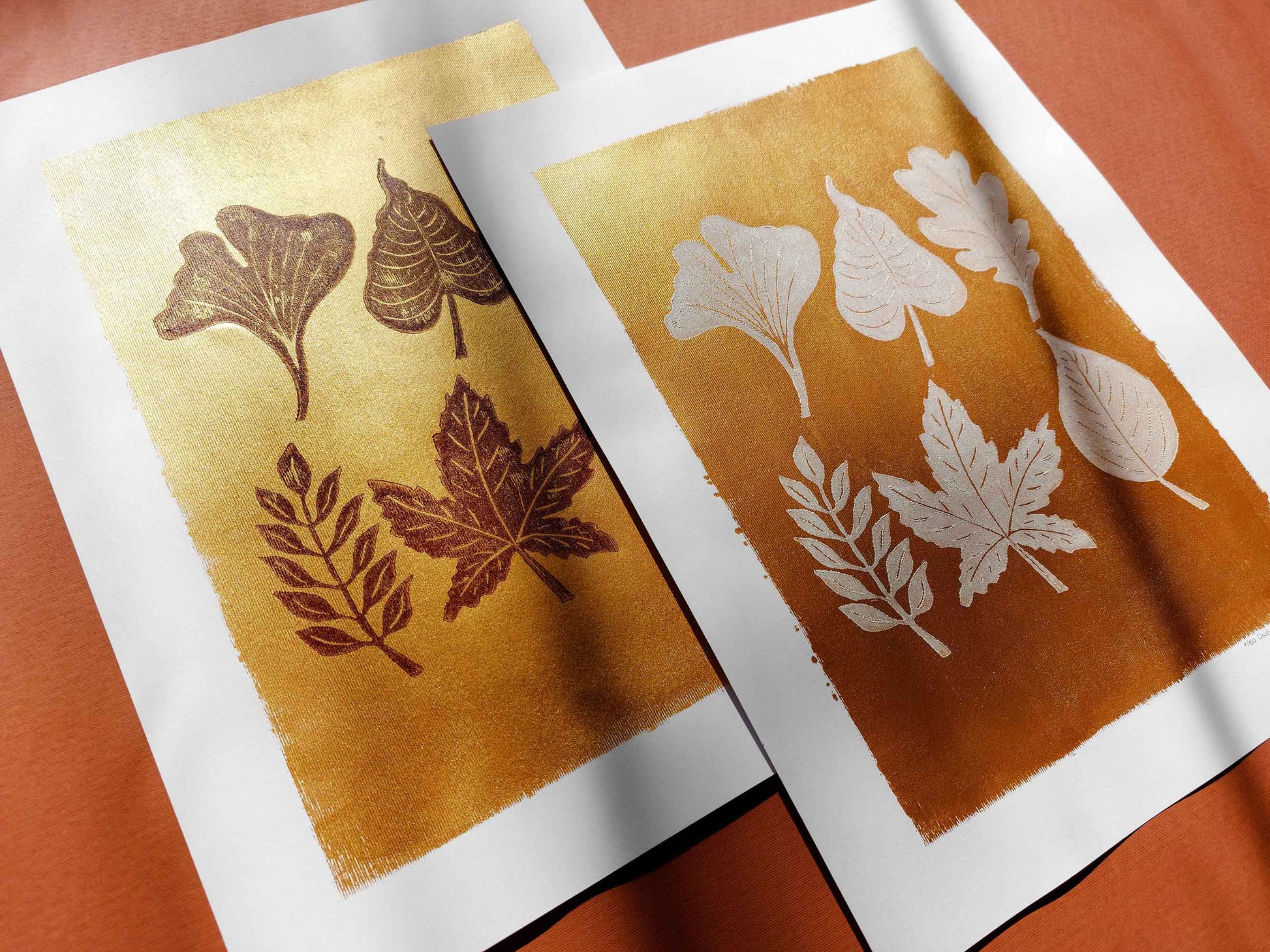 Gold and white fall leaves Linocut print 12x16in for New home gift UNFRAMED / gold acrylic ink, oil ink, lino print, linogravure, autumn wall art, printmaking, handmade art, Nature lover gift, simple artwork, original artwork, houswarming gift, living room, bedroom, modern kitchen decor