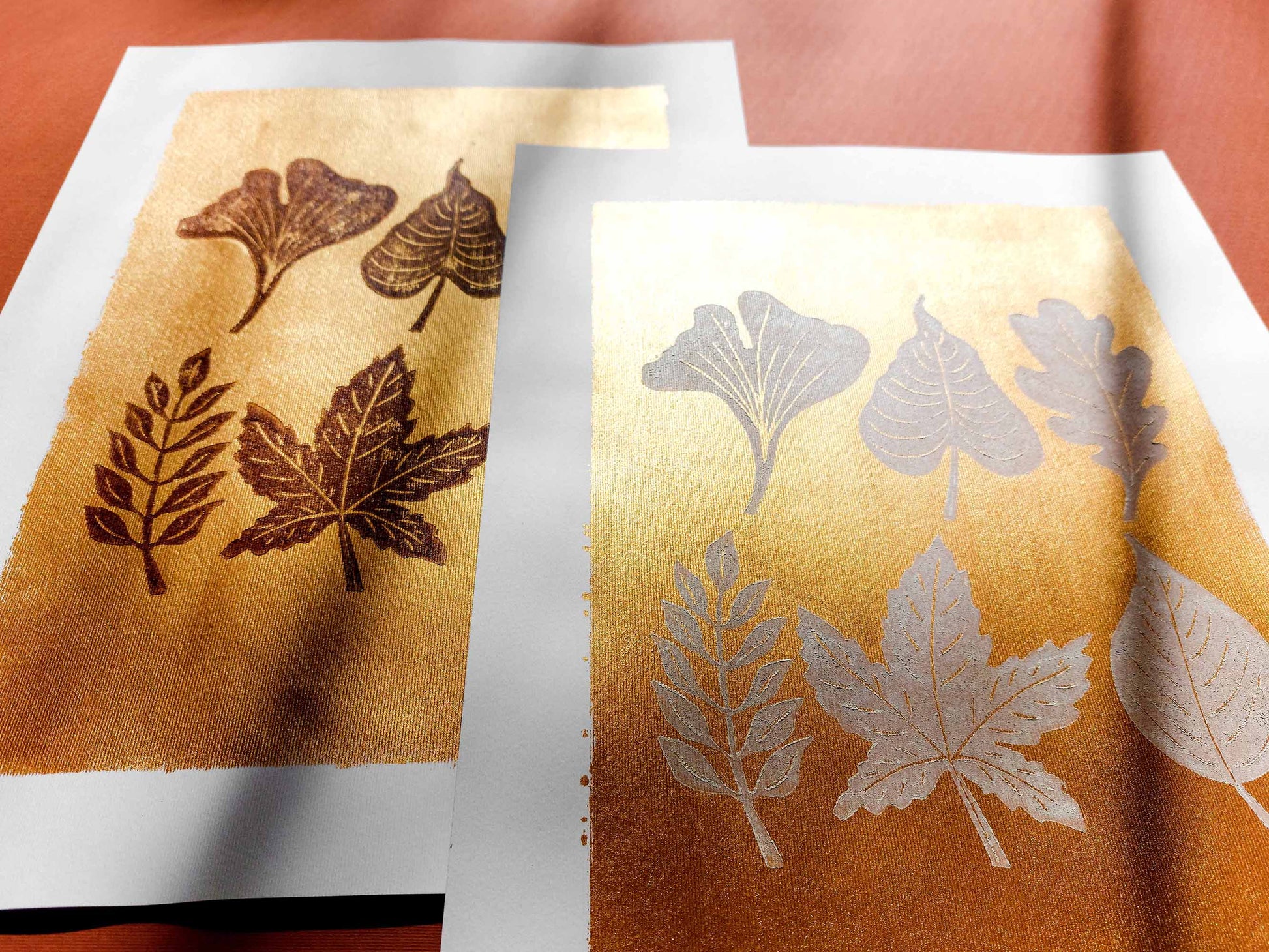 Gold and white fall leaves Linocut print 12x16in for New home gift UNFRAMED / gold acrylic ink, oil ink, lino print, linogravure, autumn wall art, printmaking, handmade art, Nature lover gift, simple artwork, original artwork, houswarming gift, living room, bedroom, modern kitchen decor