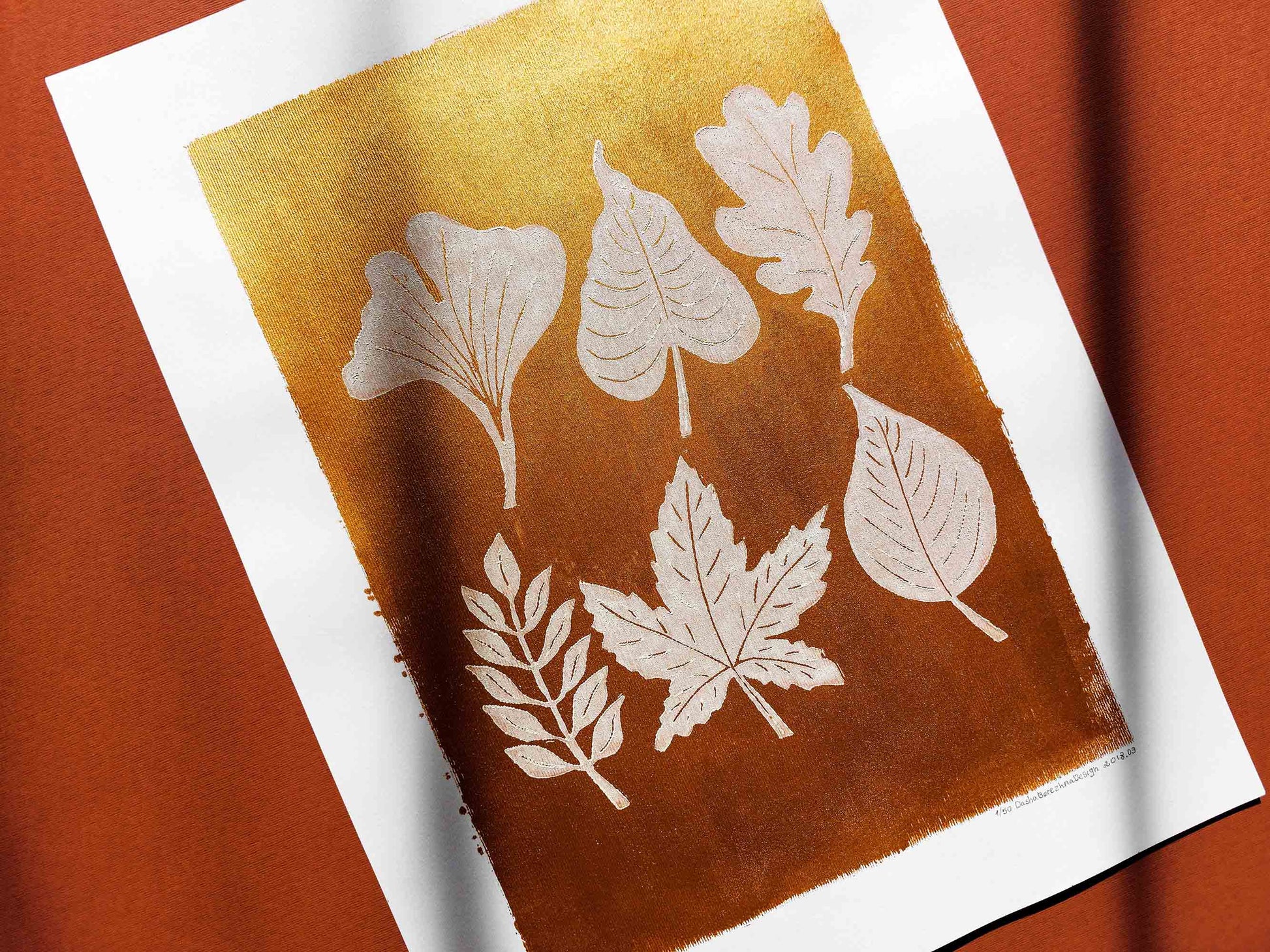 Gold and white fall leaves Linocut print 12x16in for New home gift UNFRAMED / gold acrylic ink, oil ink, lino print, linogravure, autumn wall art, printmaking, handmade art, Nature lover gift, simple artwork, original artwork, houswarming gift, living room, bedroom, modern kitchen decor