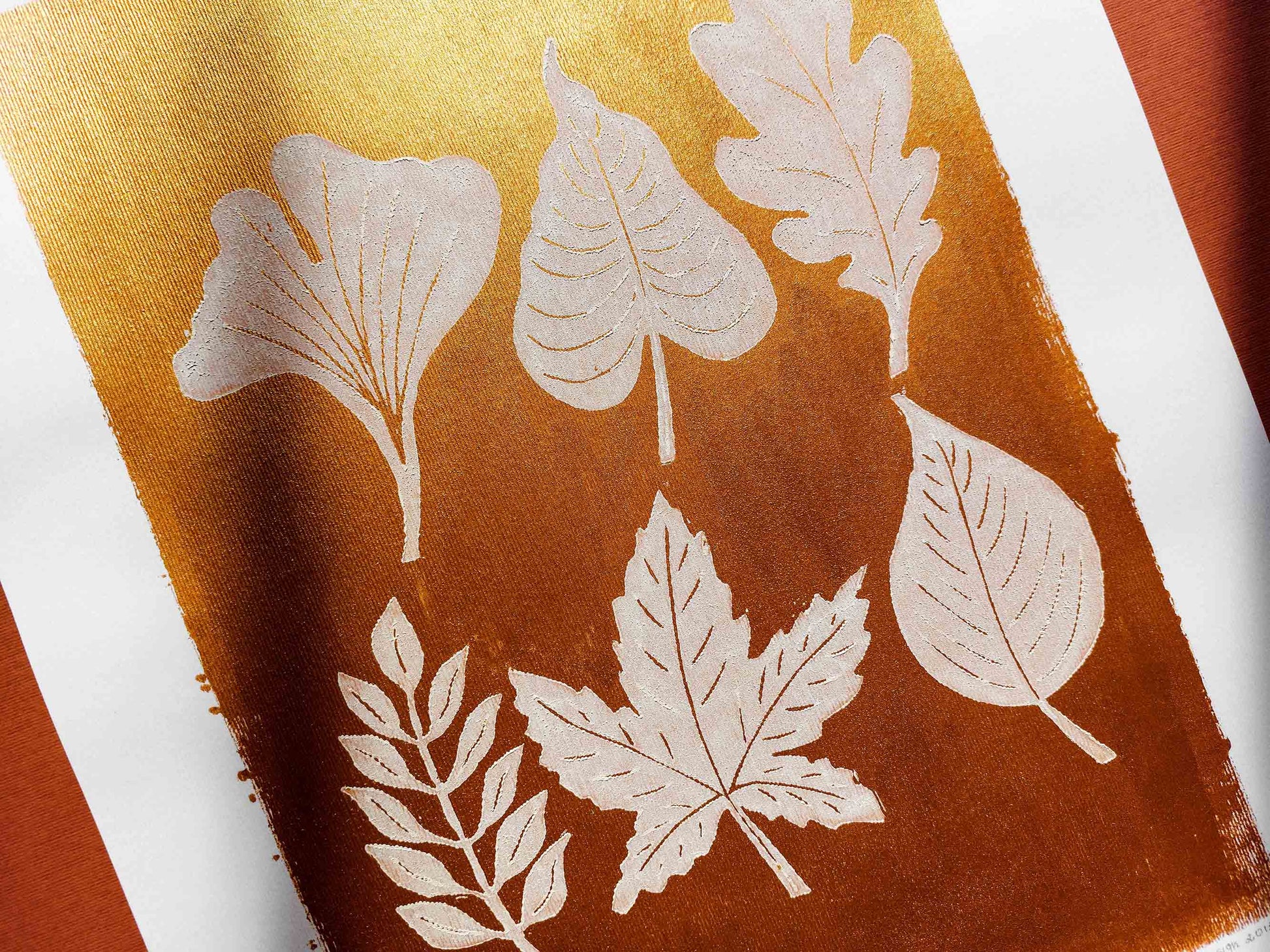 Gold and white fall leaves Linocut print 12x16in for New home gift UNFRAMED / gold acrylic ink, oil ink, lino print, linogravure, autumn wall art, printmaking, handmade art, Nature lover gift, simple artwork, original artwork, houswarming gift, living room, bedroom, modern kitchen decor
