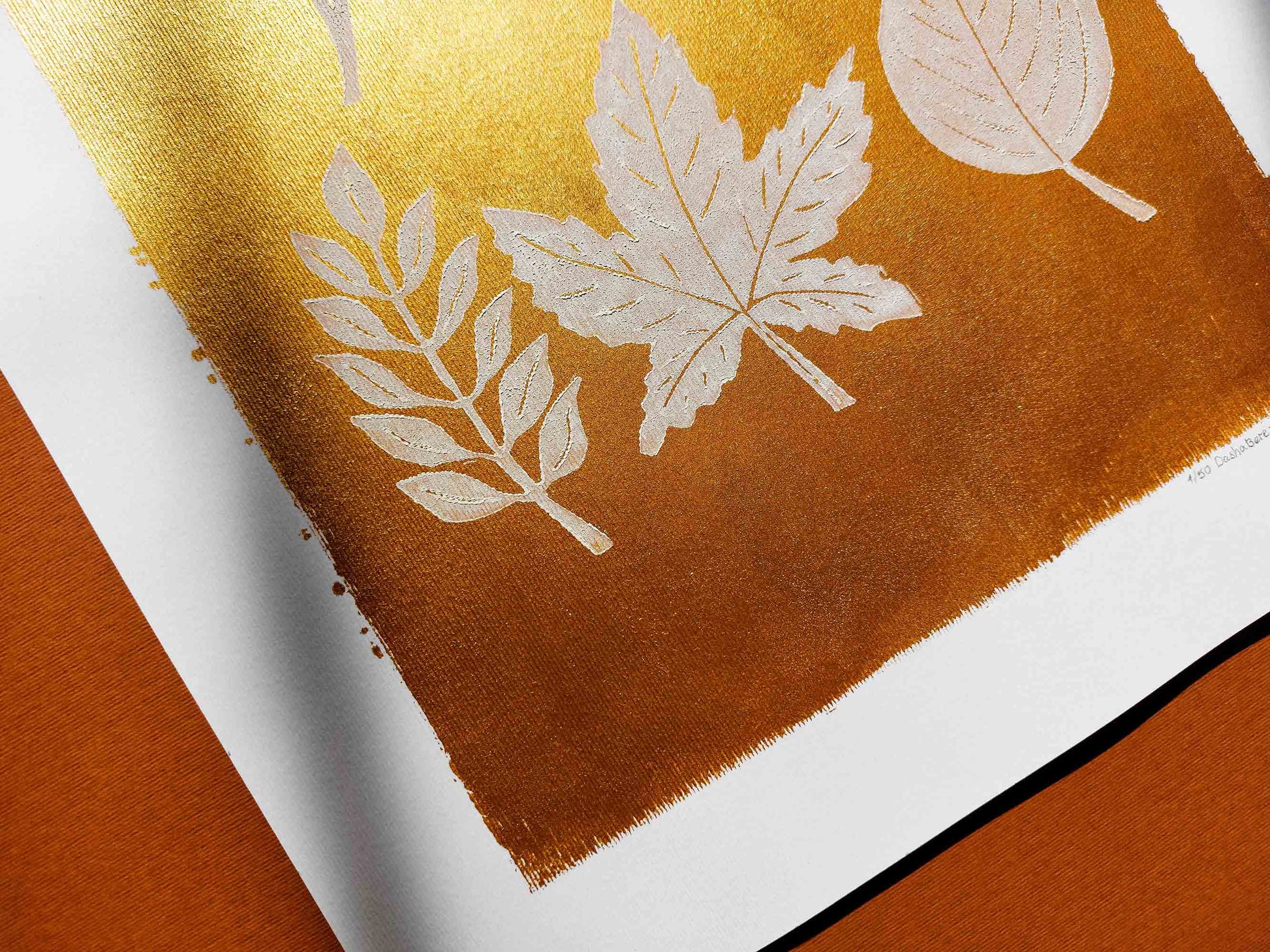 Gold and white fall leaves Linocut print 12x16in for New home gift UNFRAMED / gold acrylic ink, oil ink, lino print, linogravure, autumn wall art, printmaking, handmade art, Nature lover gift, simple artwork, original artwork, houswarming gift, living room, bedroom, modern kitchen decor