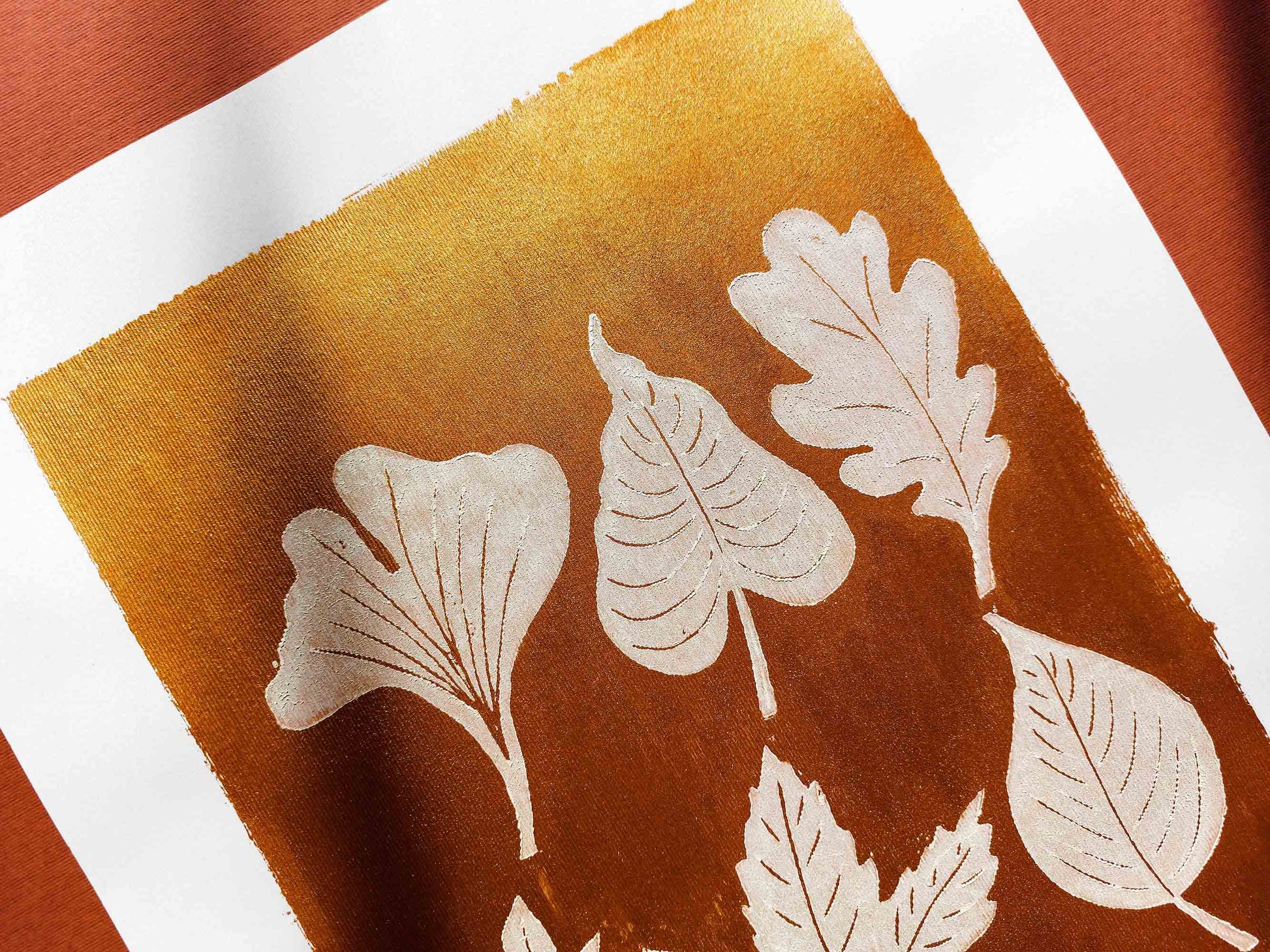 Gold and white fall leaves Linocut print 12x16in for New home gift UNFRAMED / gold acrylic ink, oil ink, lino print, linogravure, autumn wall art, printmaking, handmade art, Nature lover gift, simple artwork, original artwork, houswarming gift, living room, bedroom, modern kitchen decor