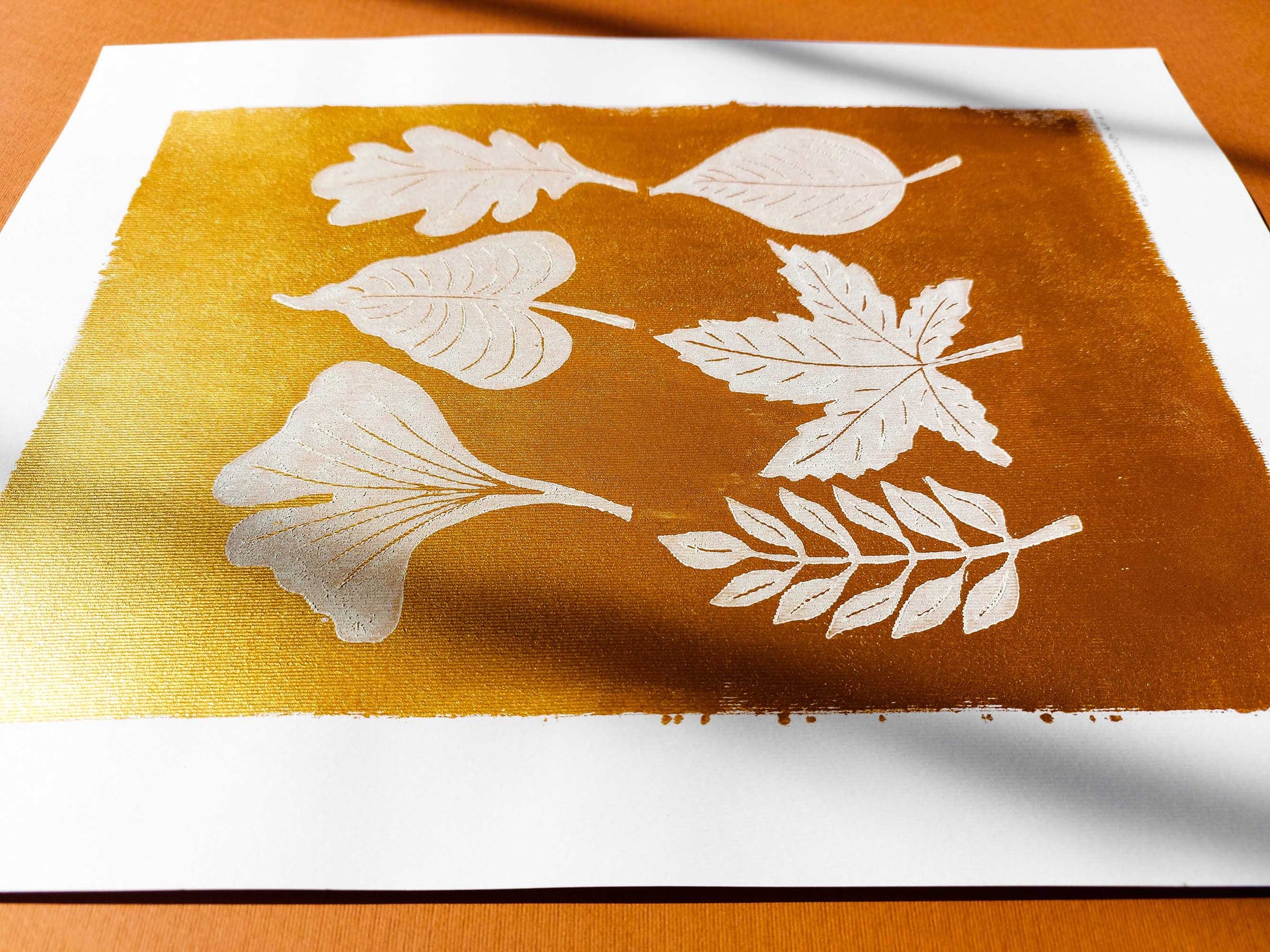Gold and white fall leaves Linocut print 12x16in for New home gift UNFRAMED / gold acrylic ink, oil ink, lino print, linogravure, autumn wall art, printmaking, handmade art, Nature lover gift, simple artwork, original artwork, houswarming gift, living room, bedroom, modern kitchen decor