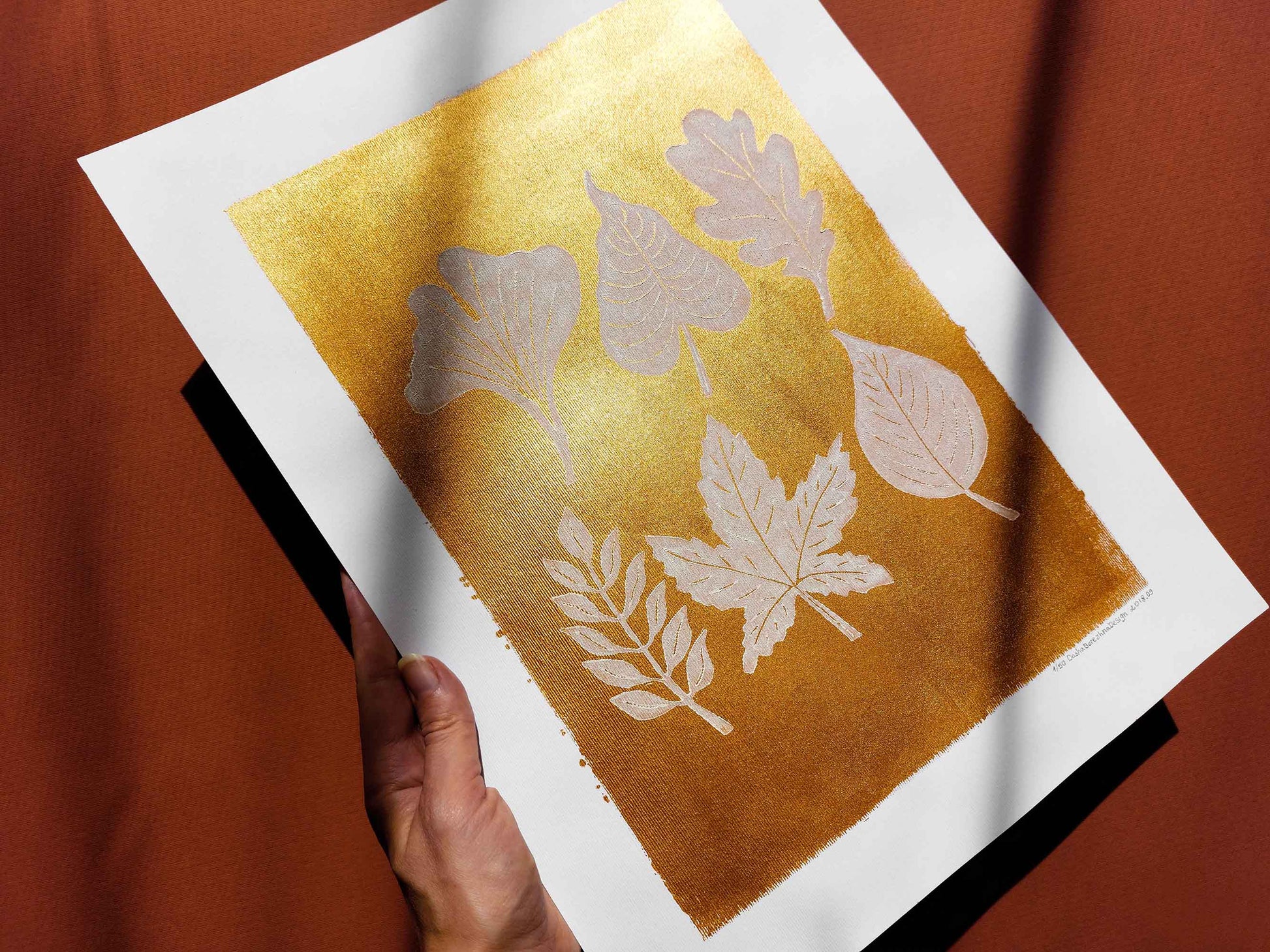 Gold and white fall leaves Linocut print 12x16in for New home gift UNFRAMED / gold acrylic ink, oil ink, lino print, linogravure, autumn wall art, printmaking, handmade art, Nature lover gift, simple artwork, original artwork, houswarming gift, living room, bedroom, modern kitchen decor
