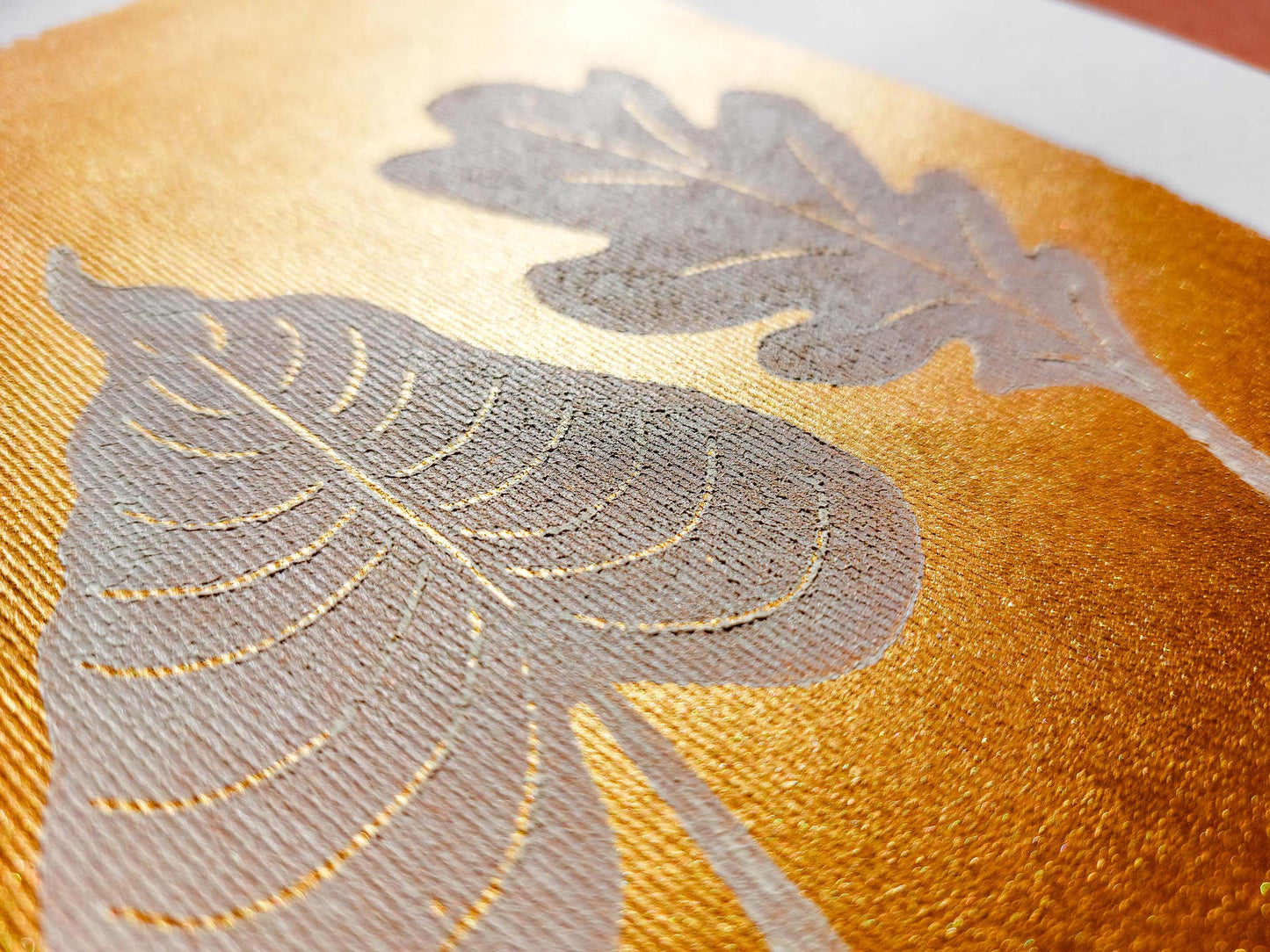 Gold and white fall leaves Linocut print 12x16in for New home gift UNFRAMED / gold acrylic ink, oil ink, lino print, linogravure, autumn wall art, printmaking, handmade art, Nature lover gift, simple artwork, original artwork, houswarming gift, living room, bedroom, modern kitchen decor