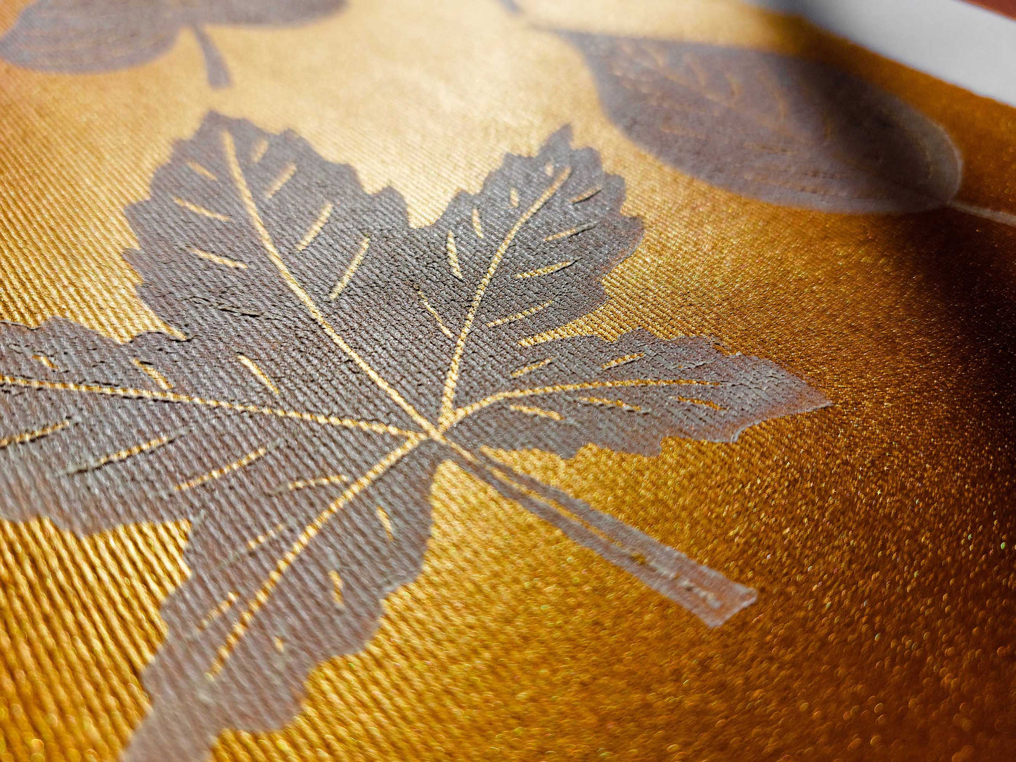 Gold and white fall leaves Linocut print 12x16in for New home gift UNFRAMED / gold acrylic ink, oil ink, lino print, linogravure, autumn wall art, printmaking, handmade art, Nature lover gift, simple artwork, original artwork, houswarming gift, living room, bedroom, modern kitchen decor