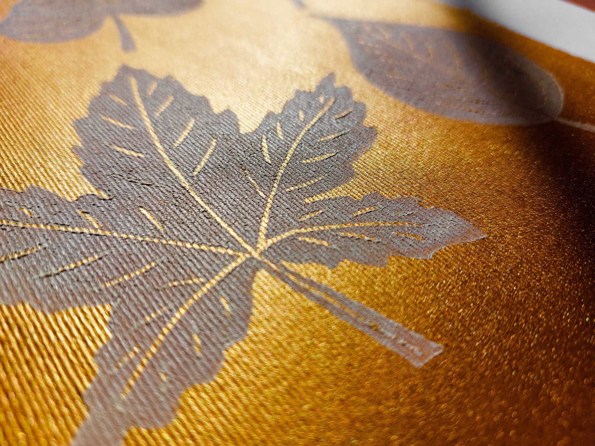 Gold and white fall leaves Linocut print 12x16in for New home gift UNFRAMED / gold acrylic ink, oil ink, lino print, linogravure, autumn wall art, printmaking, handmade art, Nature lover gift, simple artwork, original artwork, houswarming gift, living room, bedroom, modern kitchen decor