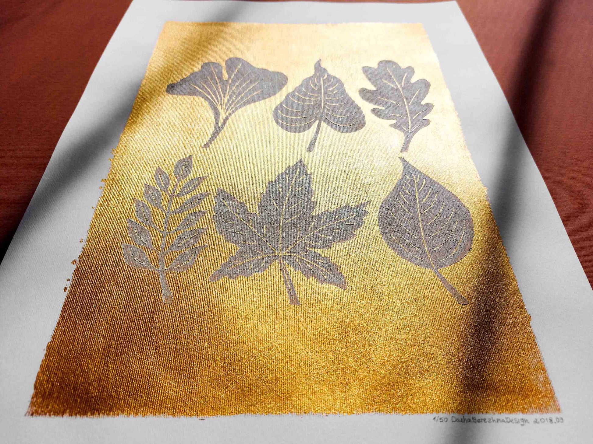 Gold and white fall leaves Linocut print 12x16in for New home gift UNFRAMED / gold acrylic ink, oil ink, lino print, linogravure, autumn wall art, printmaking, handmade art, Nature lover gift, simple artwork, original artwork, houswarming gift, living room, bedroom, modern kitchen decor