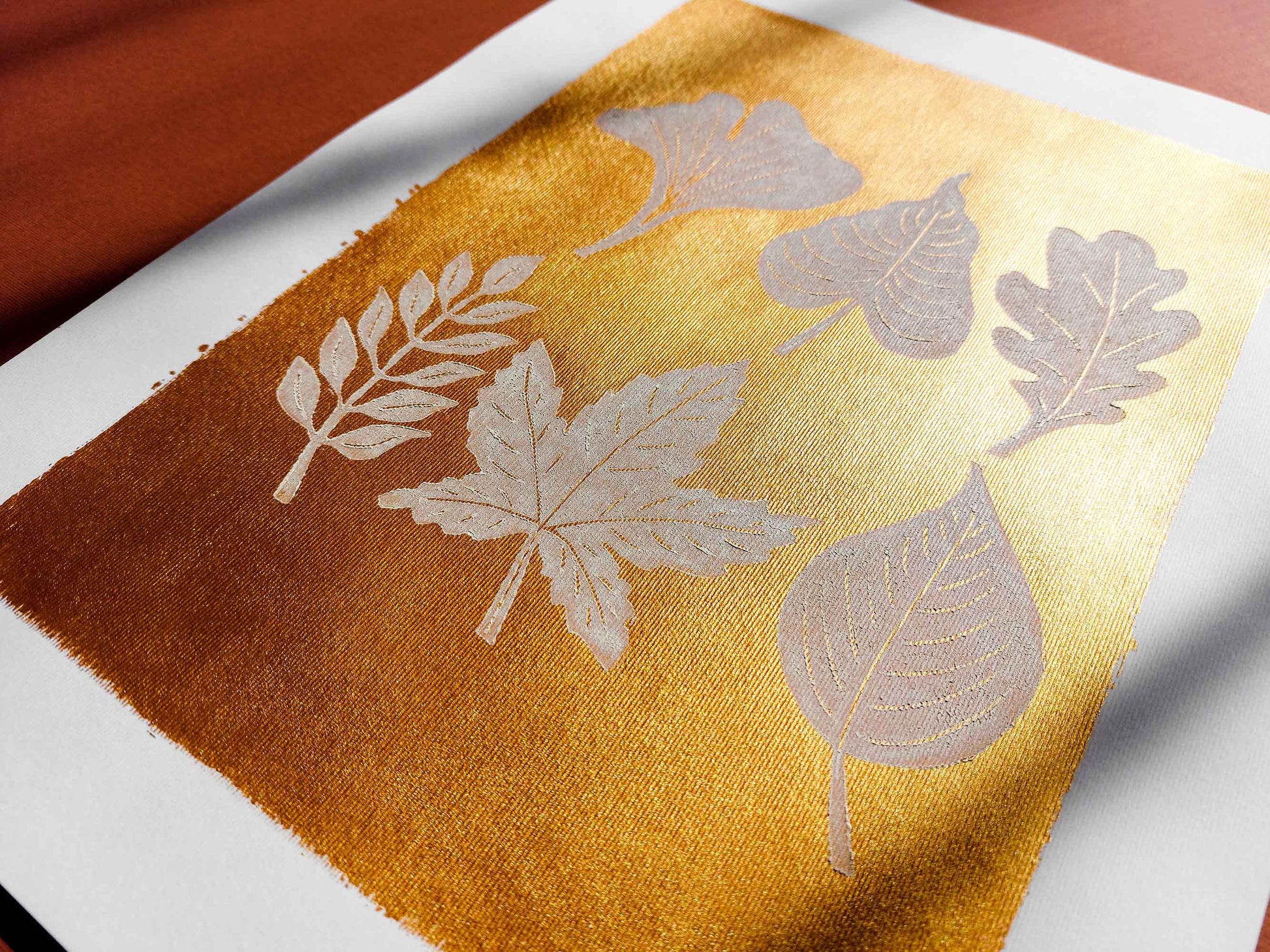 Gold and white fall leaves Linocut print 12x16in for New home gift UNFRAMED / gold acrylic ink, oil ink, lino print, linogravure, autumn wall art, printmaking, handmade art, Nature lover gift, simple artwork, original artwork, houswarming gift, living room, bedroom, modern kitchen decor