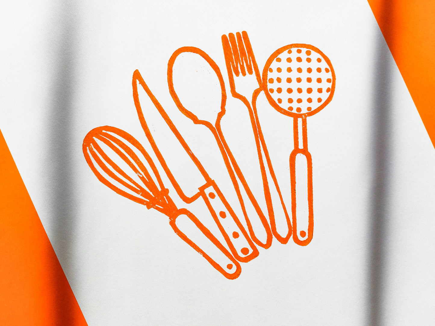 Orange kitchen utensils Linocut print Printmaking relief wall art Spoon fork knife whisk Simple original artwork for Modern kitchen decor Dining room Block minimalist Handmade print wall Home decor Decorations Accessories