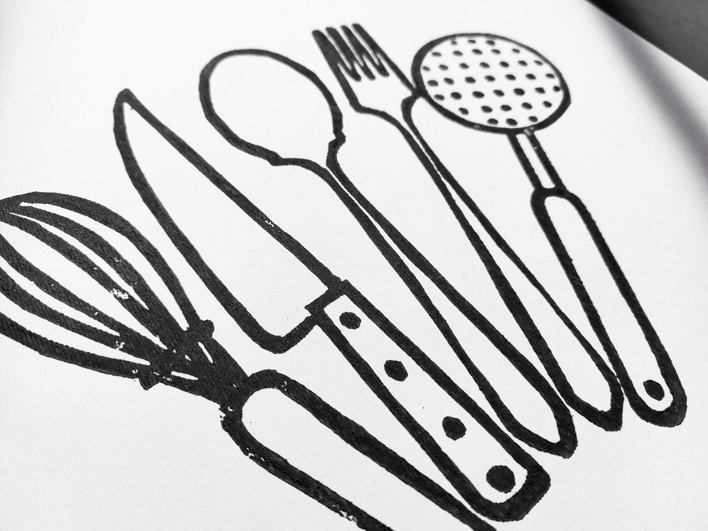 Black kitchen utensils Linocut print Printmaking relief wall art Spoon fork knife whisk Simple original artwork for Modern kitchen decor Dining room Block minimalist Handmade print wall Home decor Decorations Accessories