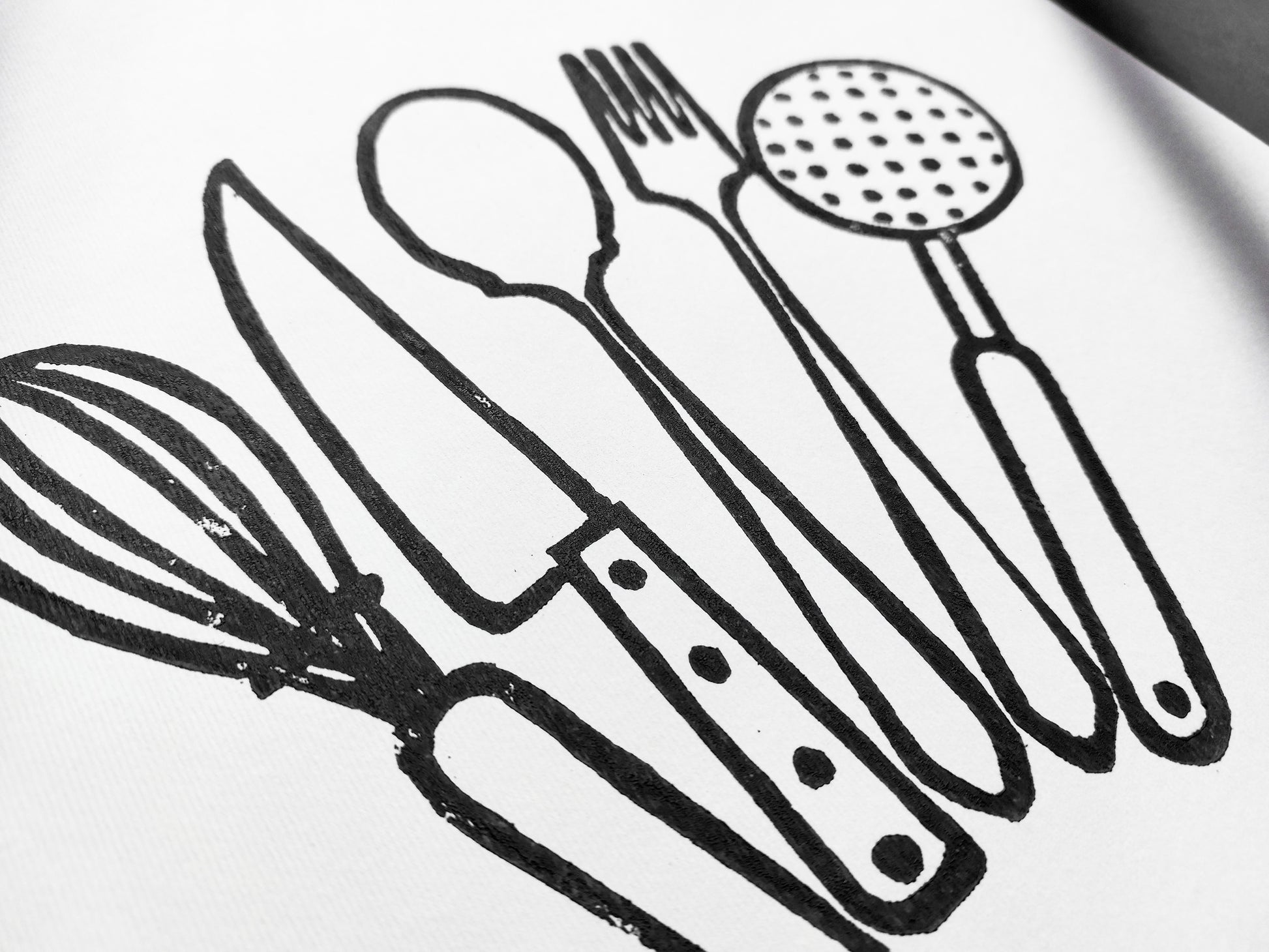 Black kitchen utensils Linocut print Printmaking relief wall art Spoon fork knife whisk Simple original artwork for Modern kitchen decor Dining room Block minimalist Handmade print wall Home decor Decorations Accessories