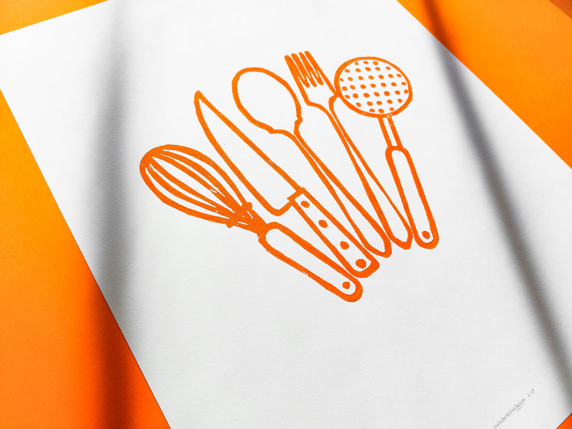 Orange kitchen utensils Linocut print Printmaking relief wall art Spoon fork knife whisk Simple original artwork for Modern kitchen decor Dining room Block minimalist Handmade print wall Home decor Decorations Accessories