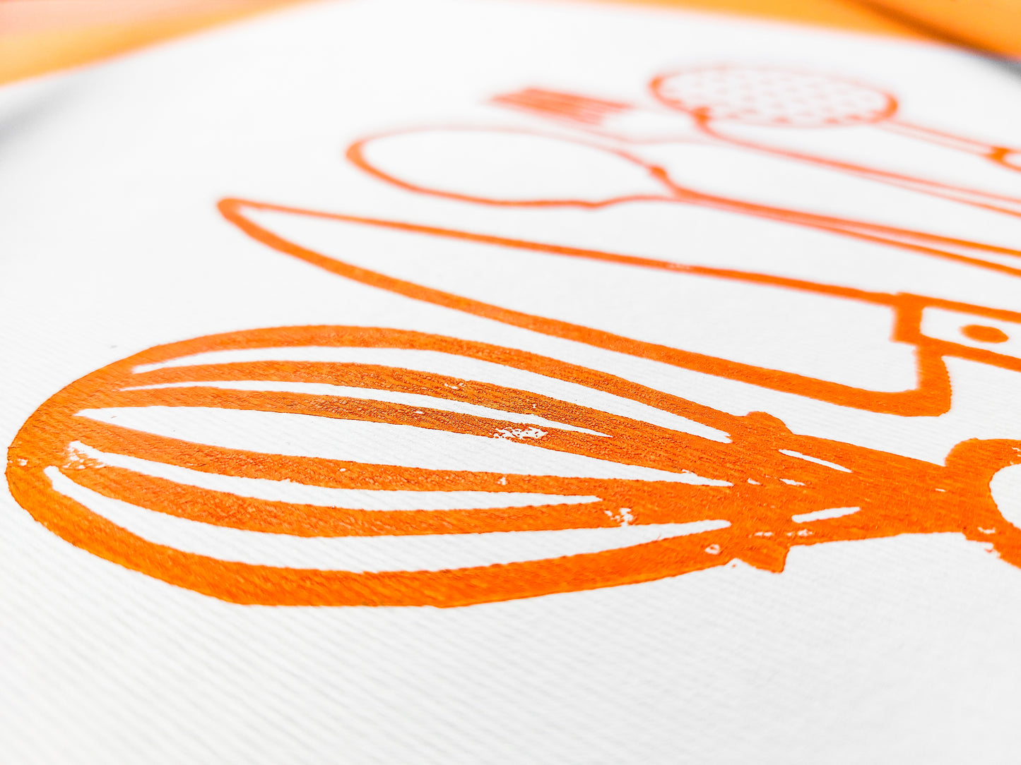 Orange kitchen utensils Linocut print Printmaking relief wall art Spoon fork knife whisk Simple original artwork for Modern kitchen decor Dining room Block minimalist Handmade print wall Home decor Decorations Accessories