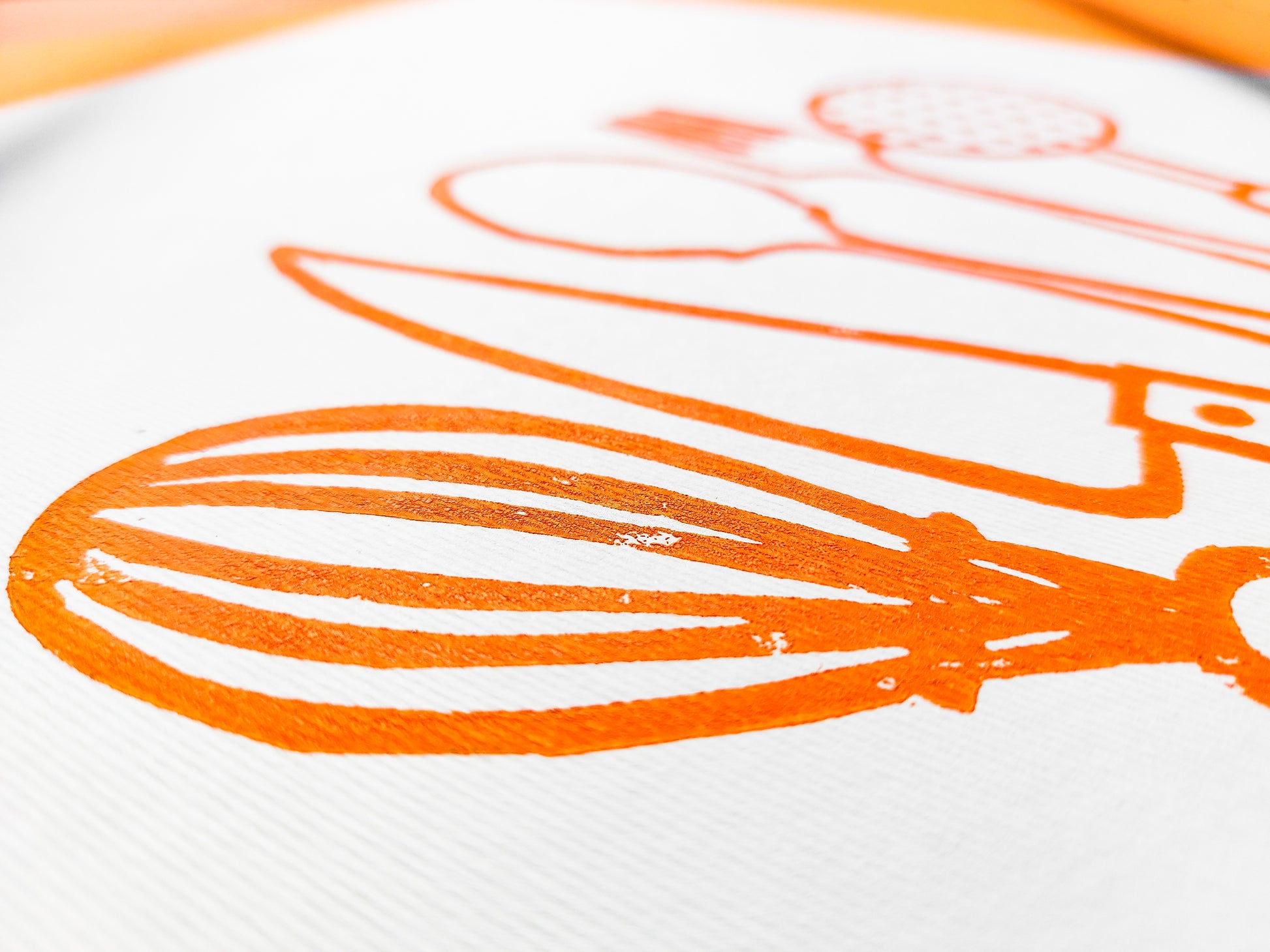 Orange kitchen utensils Linocut print Printmaking relief wall art Spoon fork knife whisk Simple original artwork for Modern kitchen decor Dining room Block minimalist Handmade print wall Home decor Decorations Accessories
