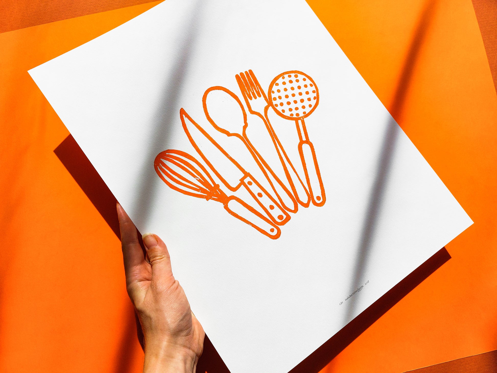 Orange kitchen utensils Linocut print Printmaking relief wall art Spoon fork knife whisk Simple original artwork for Modern kitchen decor Dining room Block minimalist Handmade print wall Home decor Decorations Accessories
