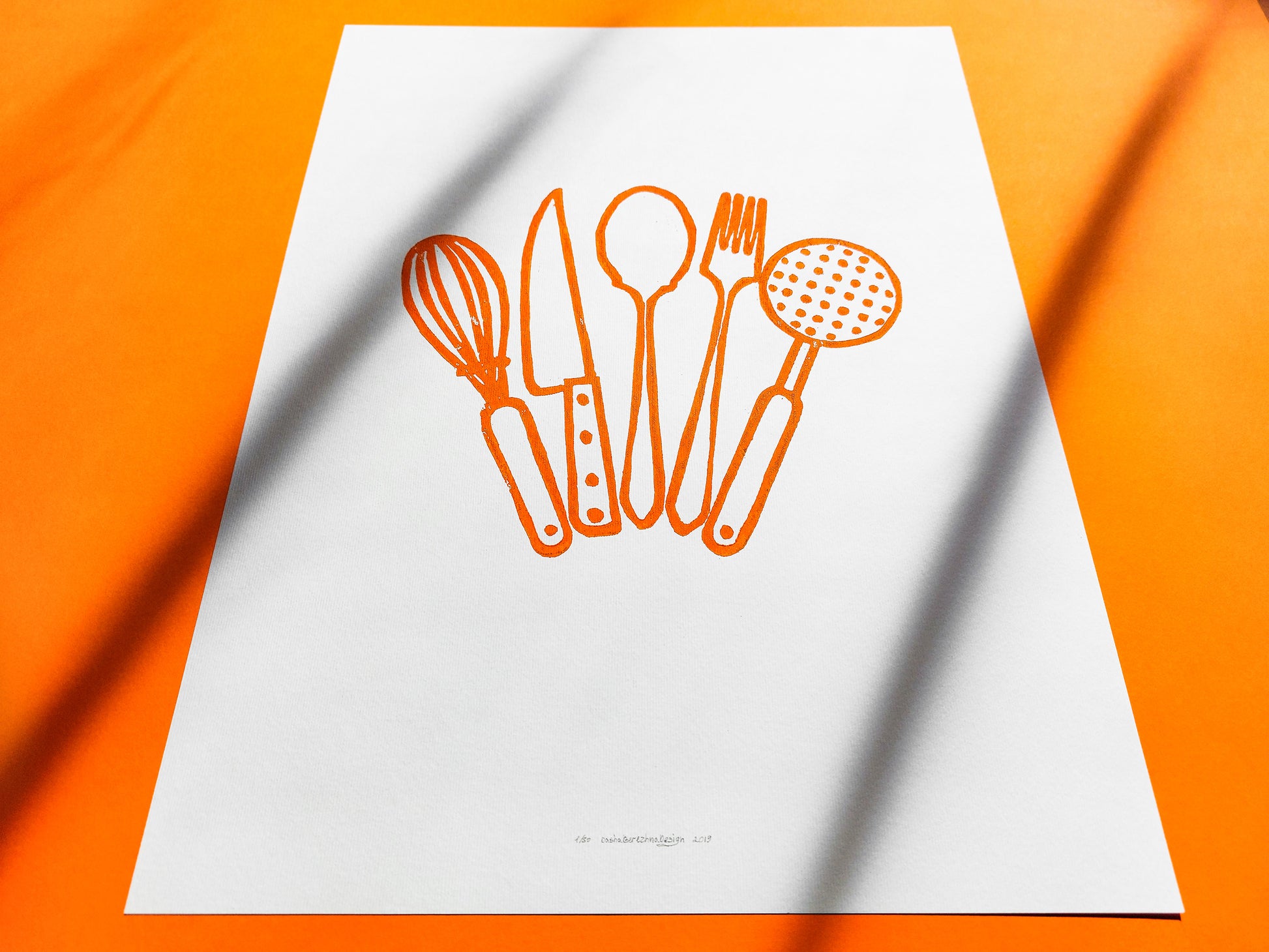 Orange kitchen utensils Linocut print Printmaking relief wall art Spoon fork knife whisk Simple original artwork for Modern kitchen decor Dining room Block minimalist Handmade print wall Home decor Decorations Accessories