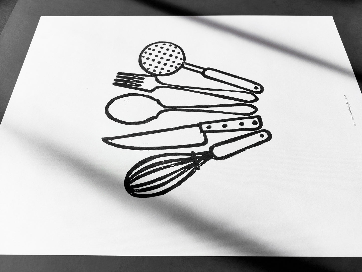 Black kitchen utensils Linocut print Printmaking relief wall art Spoon fork knife whisk Simple original artwork for Modern kitchen decor Dining room Block minimalist Handmade print wall Home decor Decorations Accessories