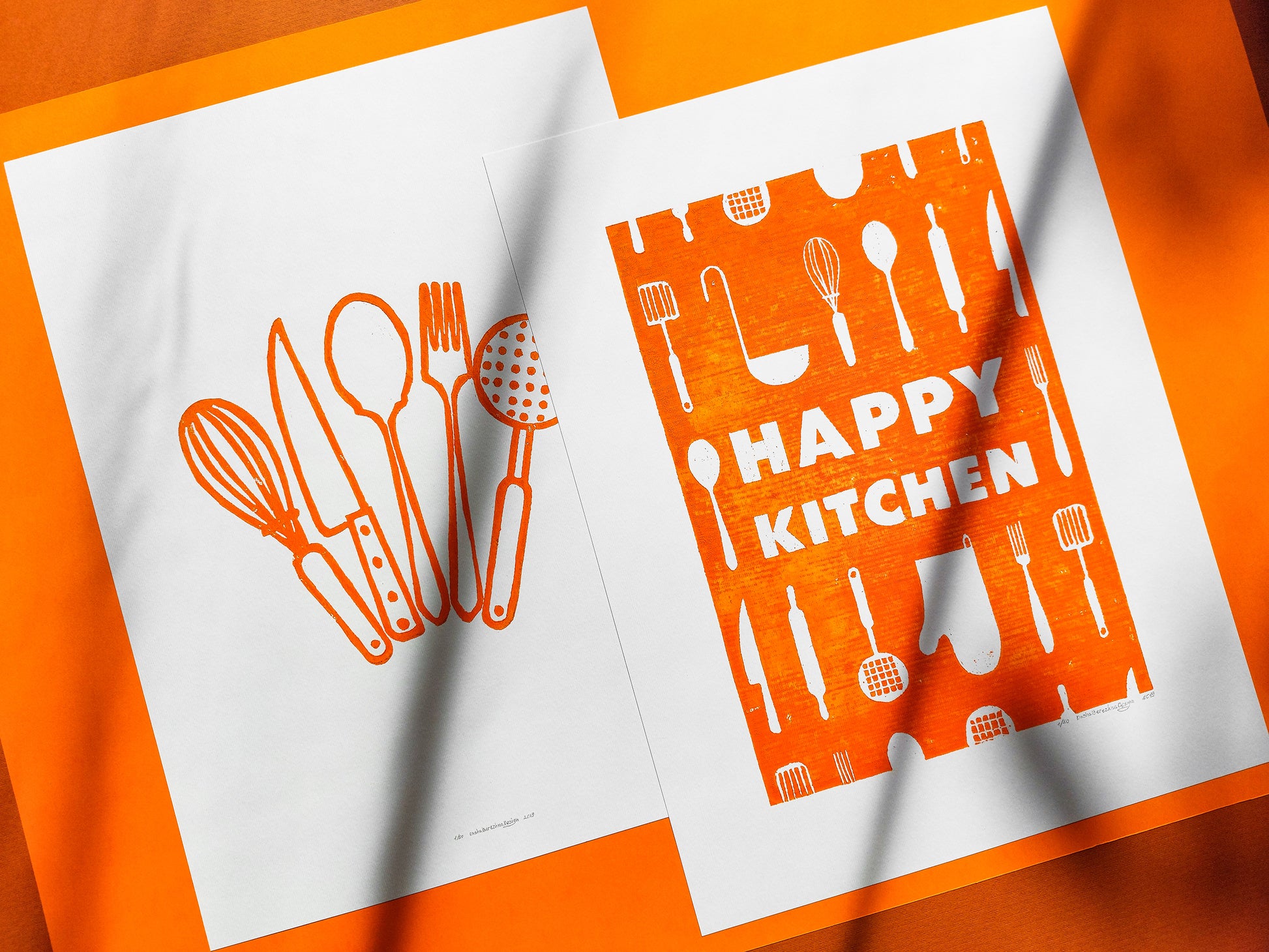 Linocut print Orange utensils pattern Happy kitchen sign Simple artwork Modern kitchen art Linogravure Lino print Printmaking art Gallery wall set of 2 print original wall decor Spoon fork knife Printmaking handmade block relief print Dining room decor decoration Home accessories for Mom Grandma chic gift New first home gift