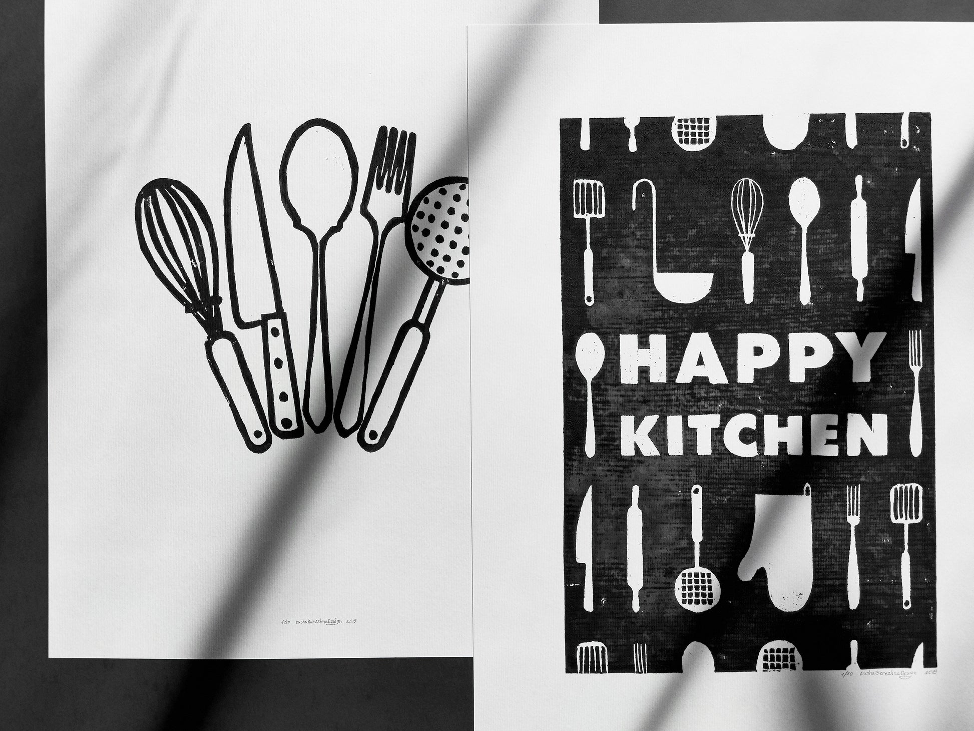 Linocut print Black utensils pattern Happy kitchen sign Simple artwork Modern kitchen art Linogravure Lino print Printmaking art Gallery wall set of 2 print original wall decor Spoon fork knife Printmaking handmade block relief print Dining room decor decoration Home accessories for Mom Grandma chic gift New first home gift