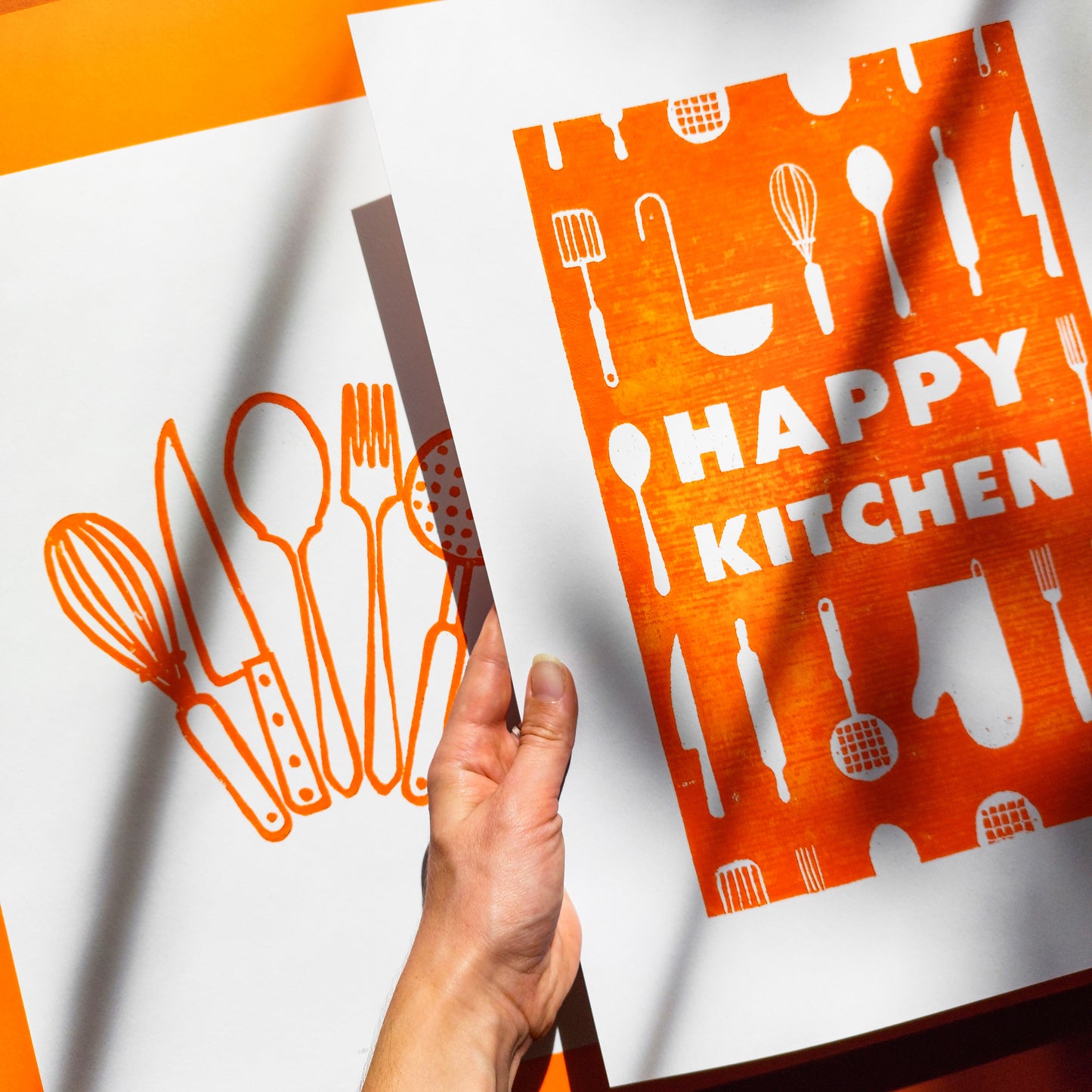 Linocut print Orange utensils pattern Happy kitchen sign Simple artwork Modern kitchen art Linogravure Lino print Printmaking art Gallery wall set of 2 print original wall decor Spoon fork knife Printmaking handmade block relief print Dining room decor decoration Home accessories for Mom Grandma chic gift New first home gift