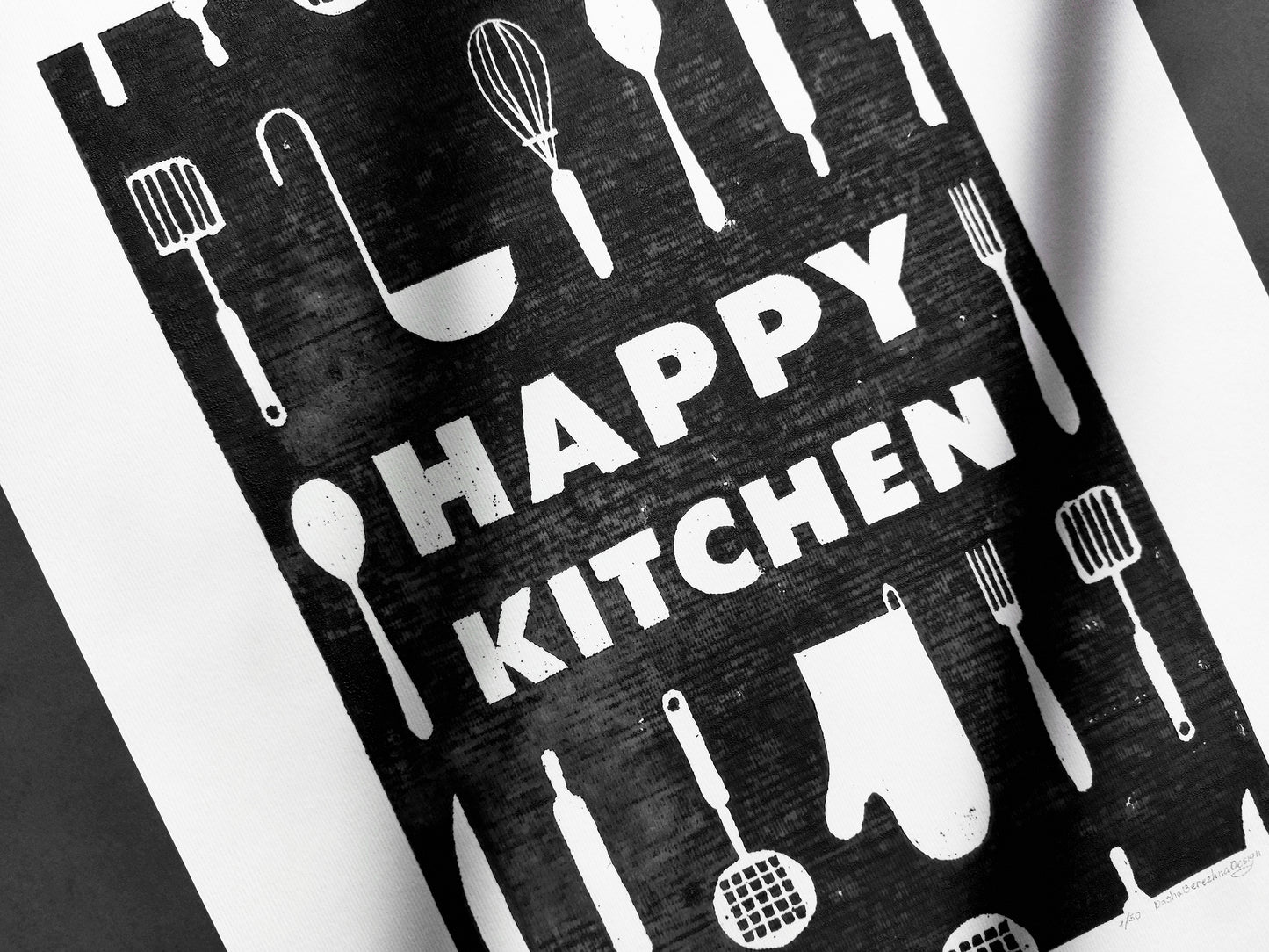 Black utensils pattern Happy kitchen sign Linocut print Simple original artwork Printmaking for Modern kitchen art Dining room wall decor Linogravure Lino print Farmhouse wall decor New home gift  Printmaking Handmade wall decoration relief block wall art print