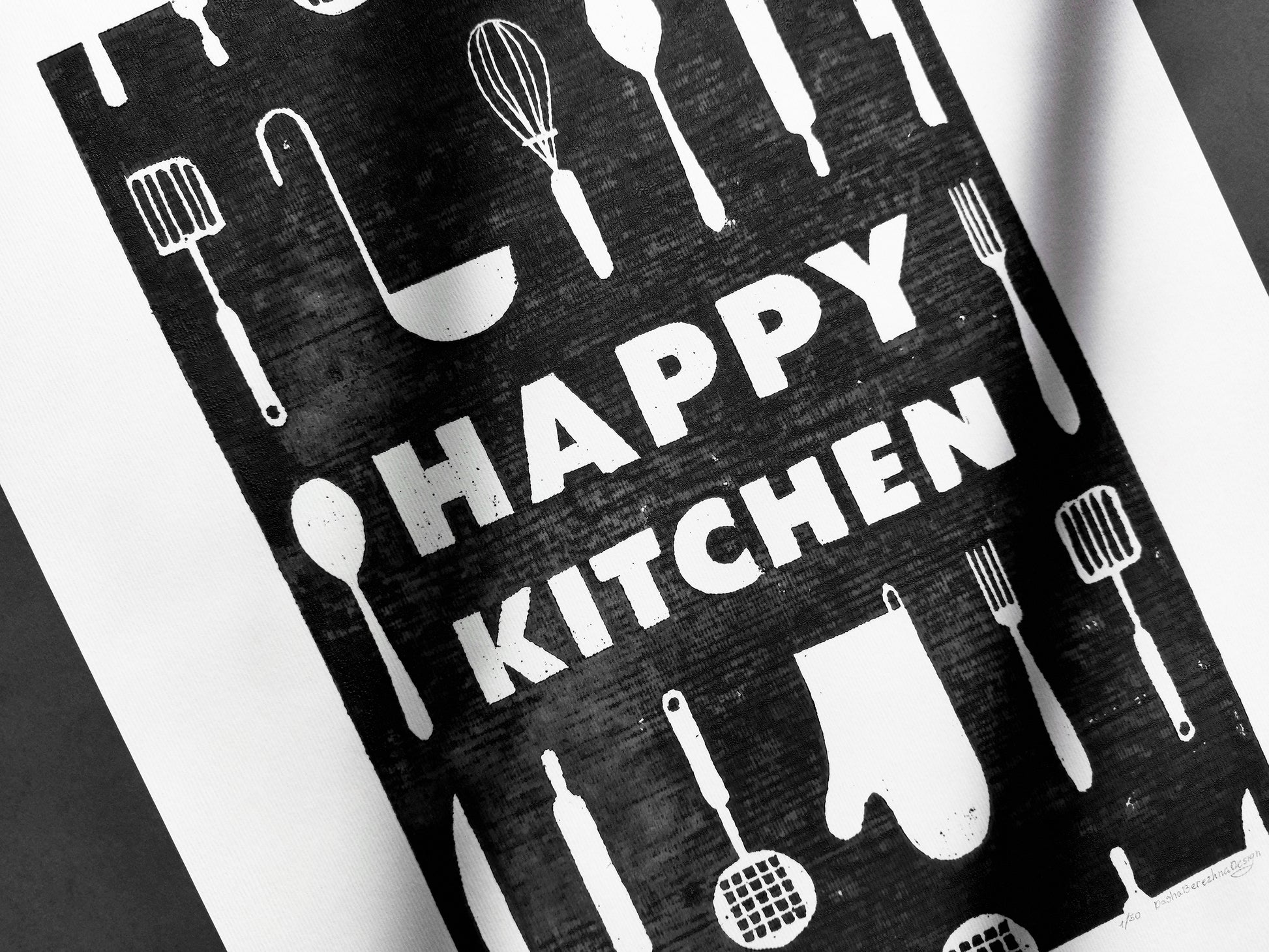 Black utensils pattern Happy kitchen sign Linocut print Simple original artwork Printmaking for Modern kitchen art Dining room wall decor Linogravure Lino print Farmhouse wall decor New home gift  Printmaking Handmade wall decoration relief block wall art print