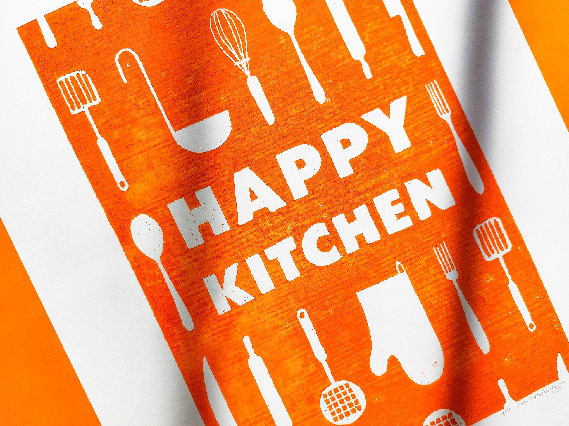 Orange utensils pattern Happy kitchen sign Linocut print Simple original artwork Printmaking for Modern kitchen art Dining room wall decor Linogravure Lino print Farmhouse wall decor New home gift  Printmaking Handmade wall decoration relief block wall art print