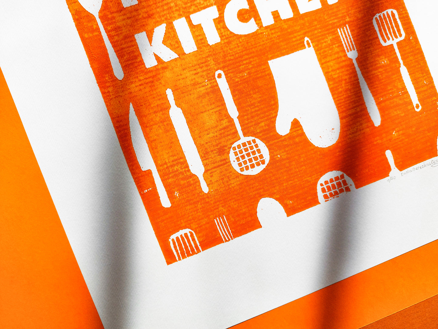 Orange utensils pattern Happy kitchen sign Linocut print Simple original artwork Printmaking for Modern kitchen art Dining room wall decor Linogravure Lino print Farmhouse wall decor New home gift  Printmaking Handmade wall decoration relief block wall art print