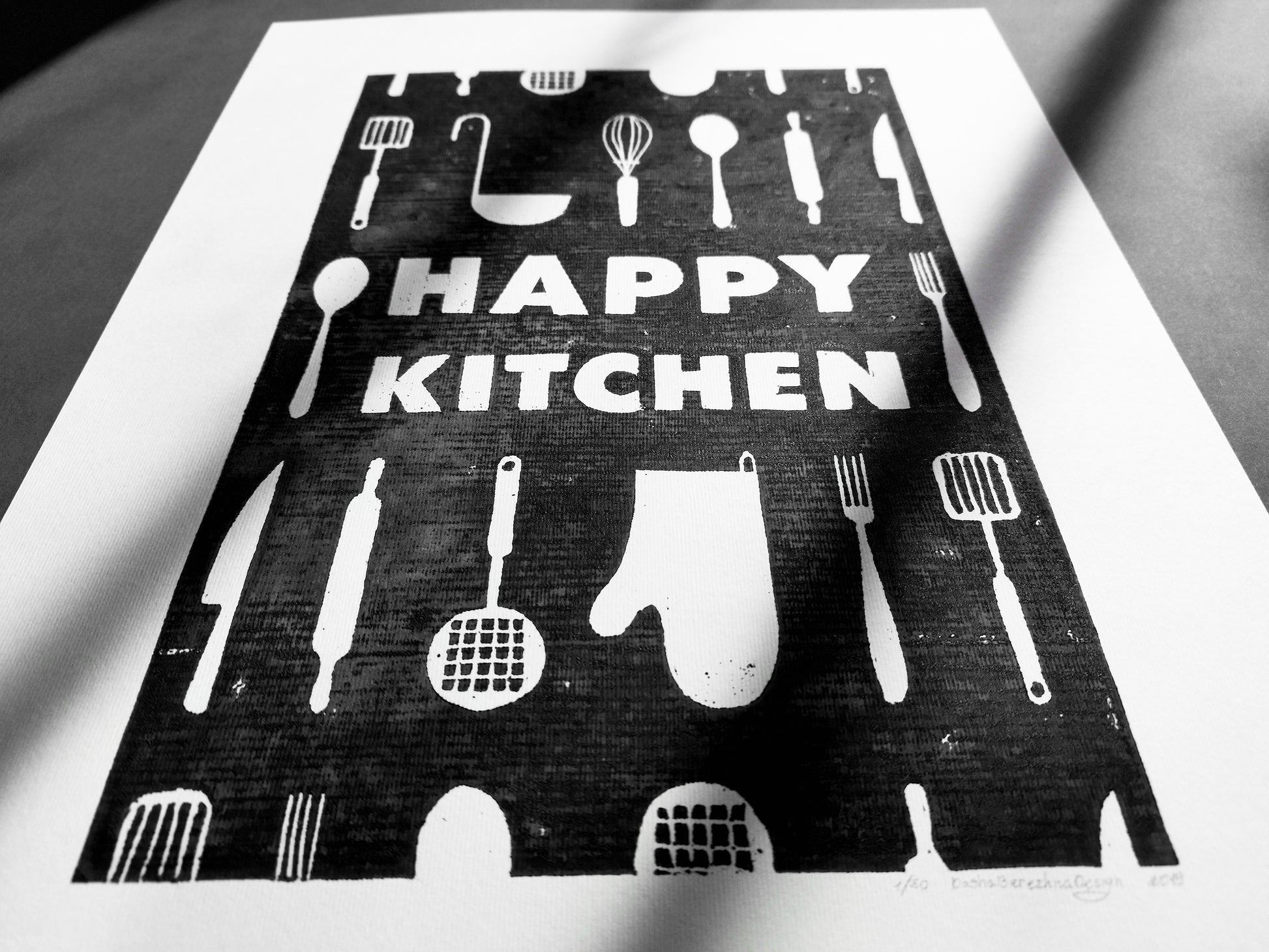 Black utensils pattern Happy kitchen sign Linocut print Simple original artwork Printmaking for Modern kitchen art Dining room wall decor Linogravure Lino print Farmhouse wall decor New home gift  Printmaking Handmade wall decoration relief block wall art print